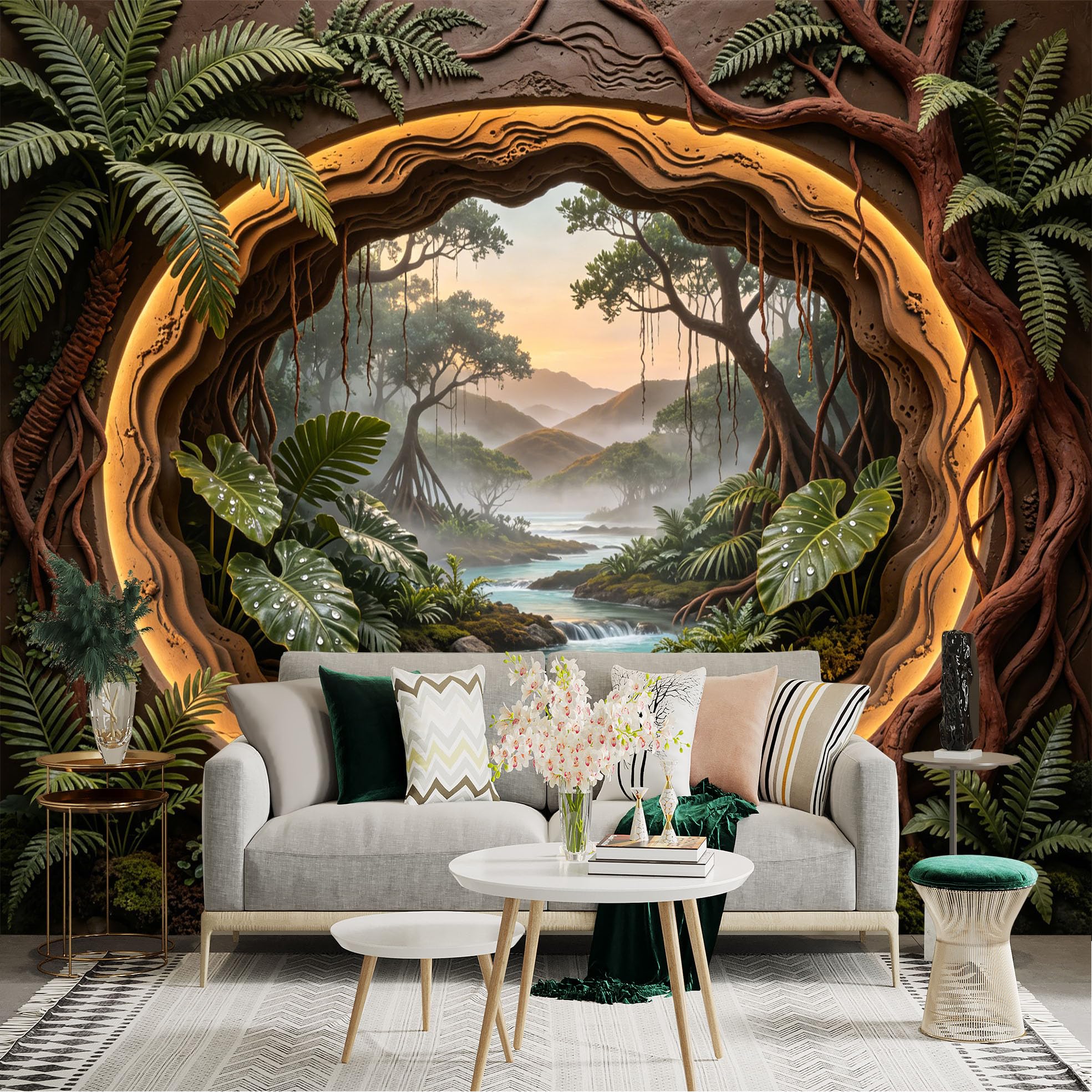 Custom Size Wall Sticker Mural， Tropical Forest with Waterfall Stream and Misty Mountains， for wall Decoration， peelandstick wall Decals.