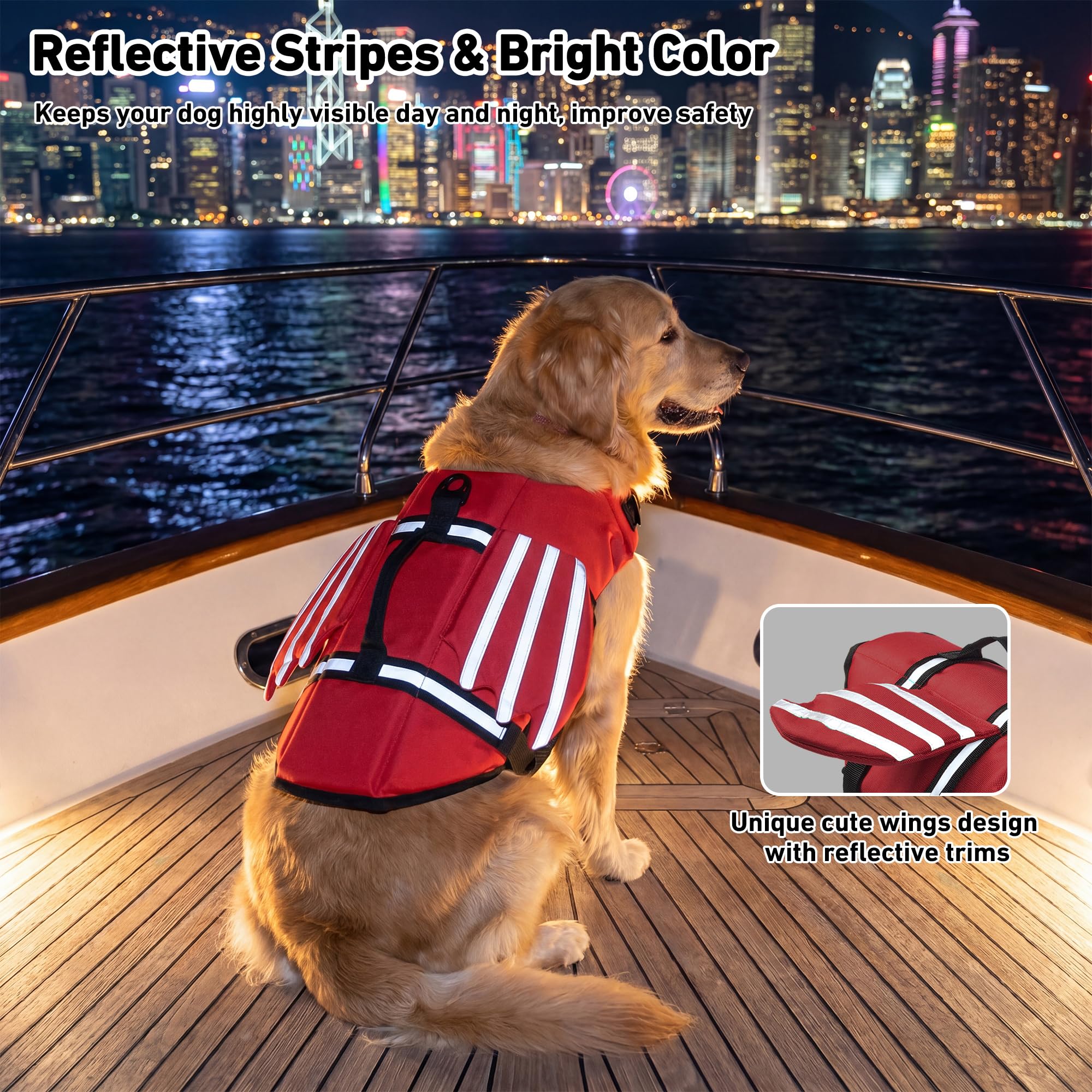 Petglad Hundeschwimmweste, Flügel Hundeschwimmweste mit Kinn-Schwimmer-Rettungsgriff für kleine, mittelgroße und große Hunde, verstellbare hohe Sichtbarkeit, Bootfahren (Rot, XS)