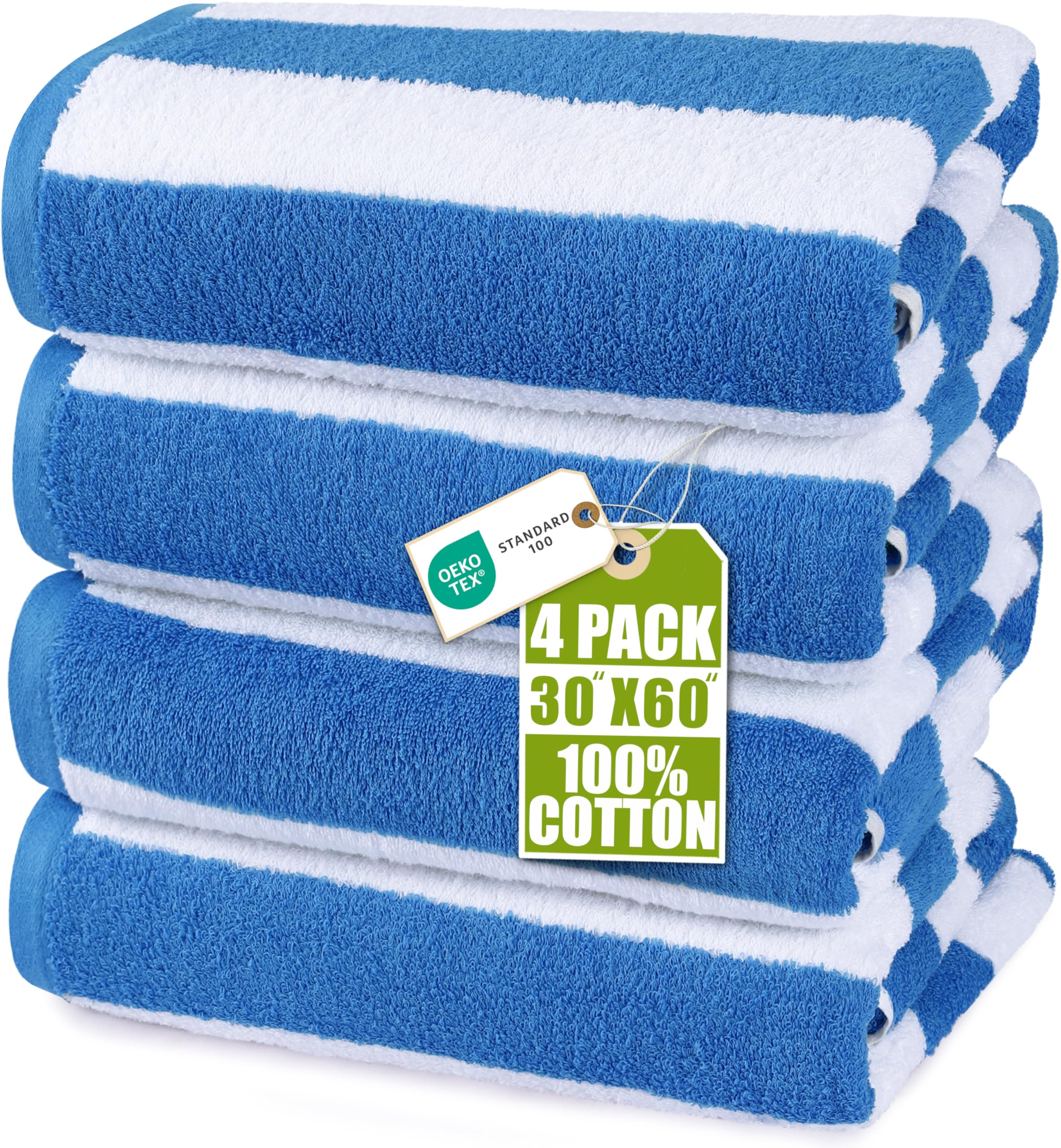 Utopia Towels 4 Pack Cabana Stripe Beach Towel, 30 by 60 Inches, Oversized 100% Ring Spun Cotton Pool Towels, Highly Absorbent Quick Dry Bath Towels for Beach, and Swim, Blue