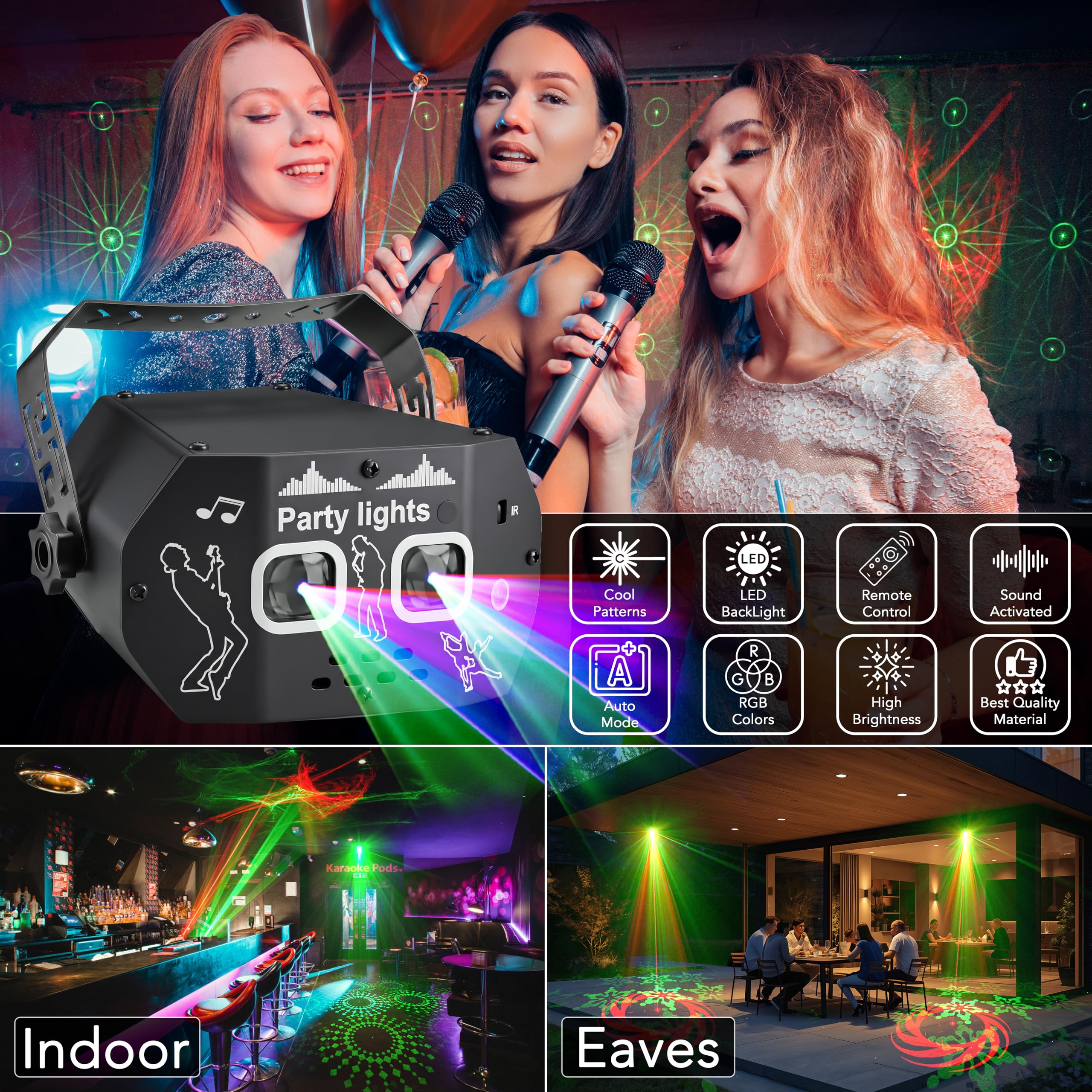 DJ Disco Party Light – Proiettore LED RGBW attivato dal suono con luci stroboscopiche e aurora, telecomando luci da palcoscenico per bambini, matrimoni, compleanni, karaoke e feste in casa