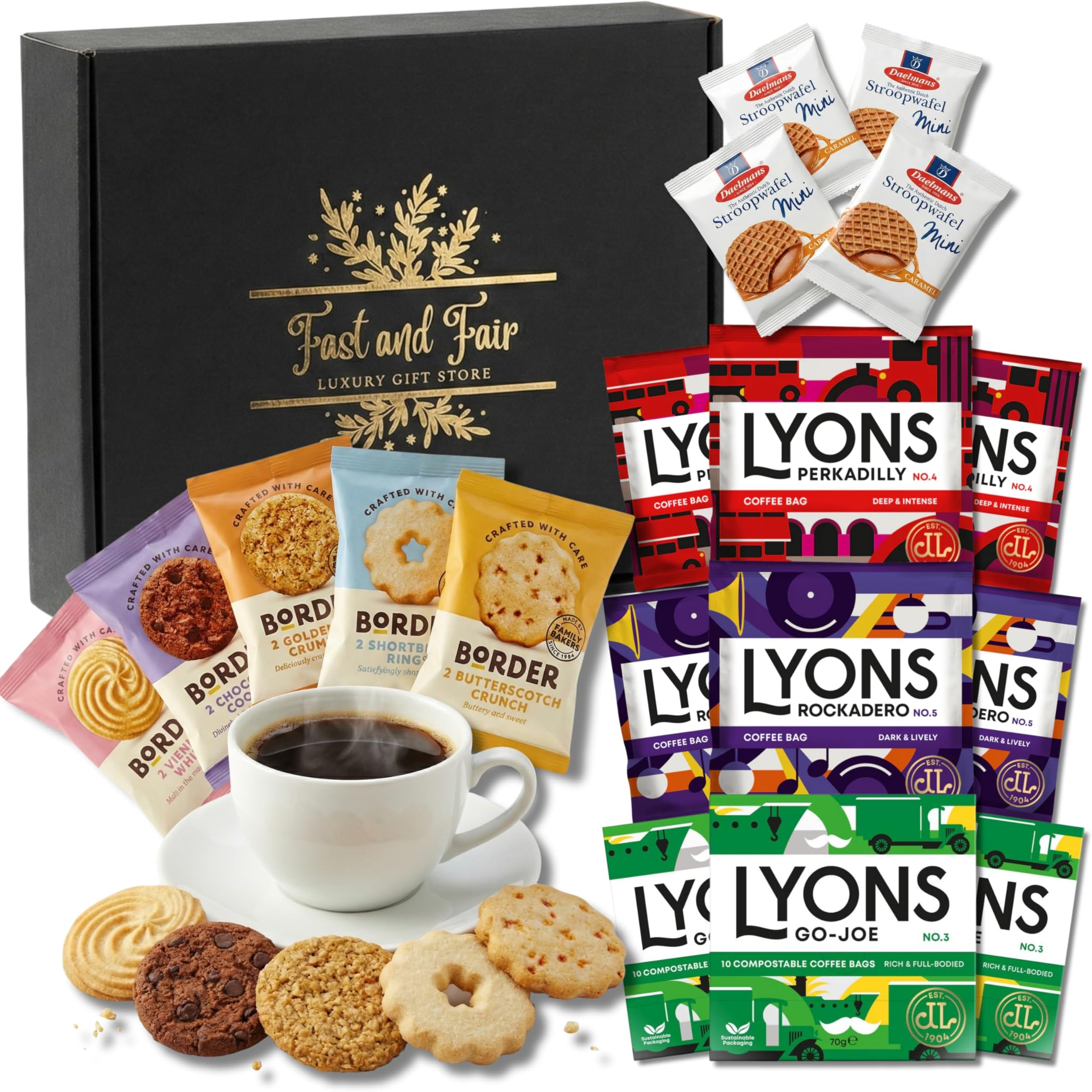 Coffee Gift Set - Variety Selection of Lyons Coffee Bags Bundled with Border Biscuits and Indulgent Caramel Stroopwafels - 18 Items in Gold Embossed Gift Box