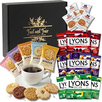 Fast and Fair UK Coffee Gift Set - Variety Selection of Lyons Coffee Bags Bundled with Border Biscuits and Indulgent Caramel Stroopwafels - 18 Items in Gold Embossed Gift Box
