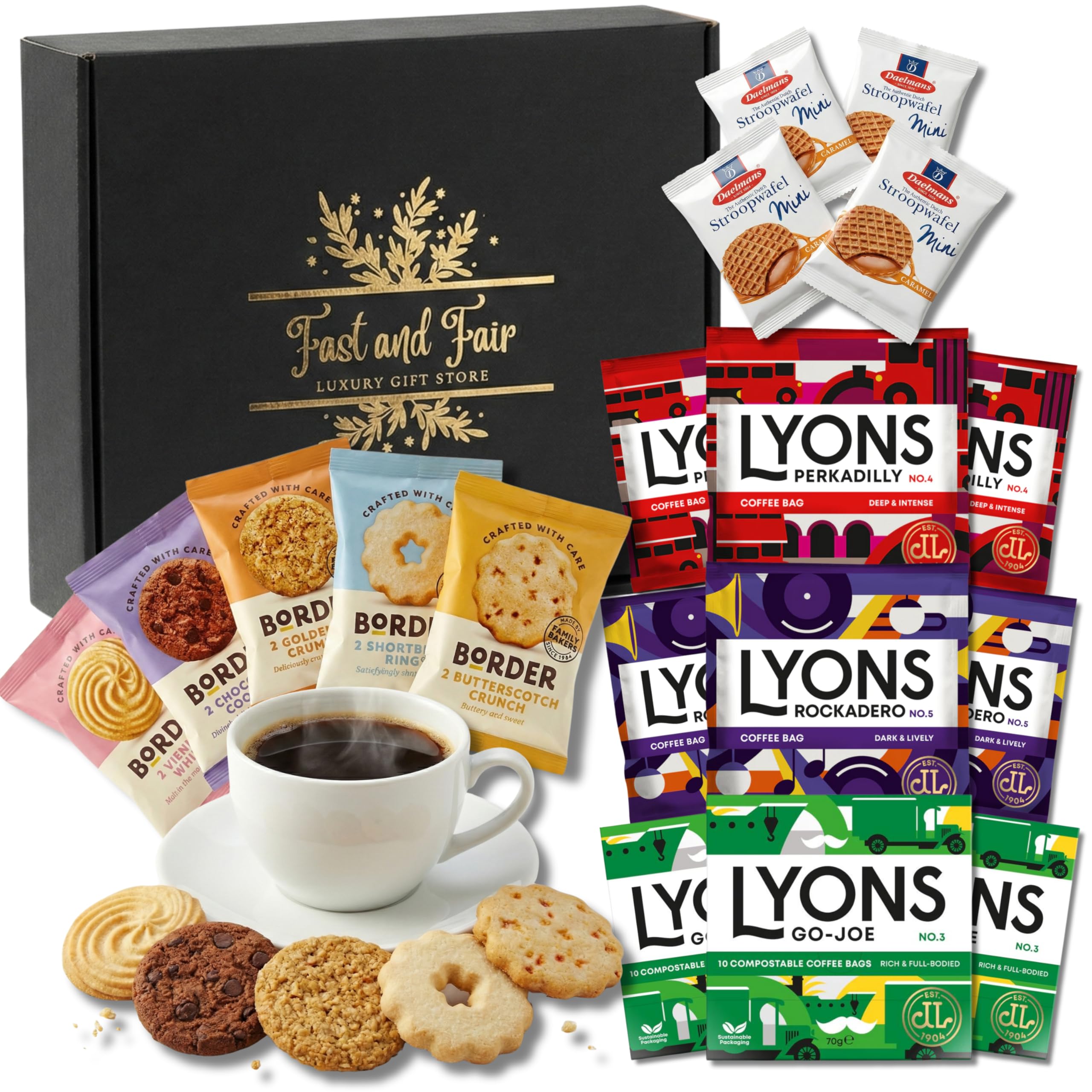 Coffee Gift Set - Variety Selection of Lyons Coffee Bags Bundled with Border Biscuits and Indulgent Caramel Stroopwafels - 18 Items in Gold Embossed Gift Box