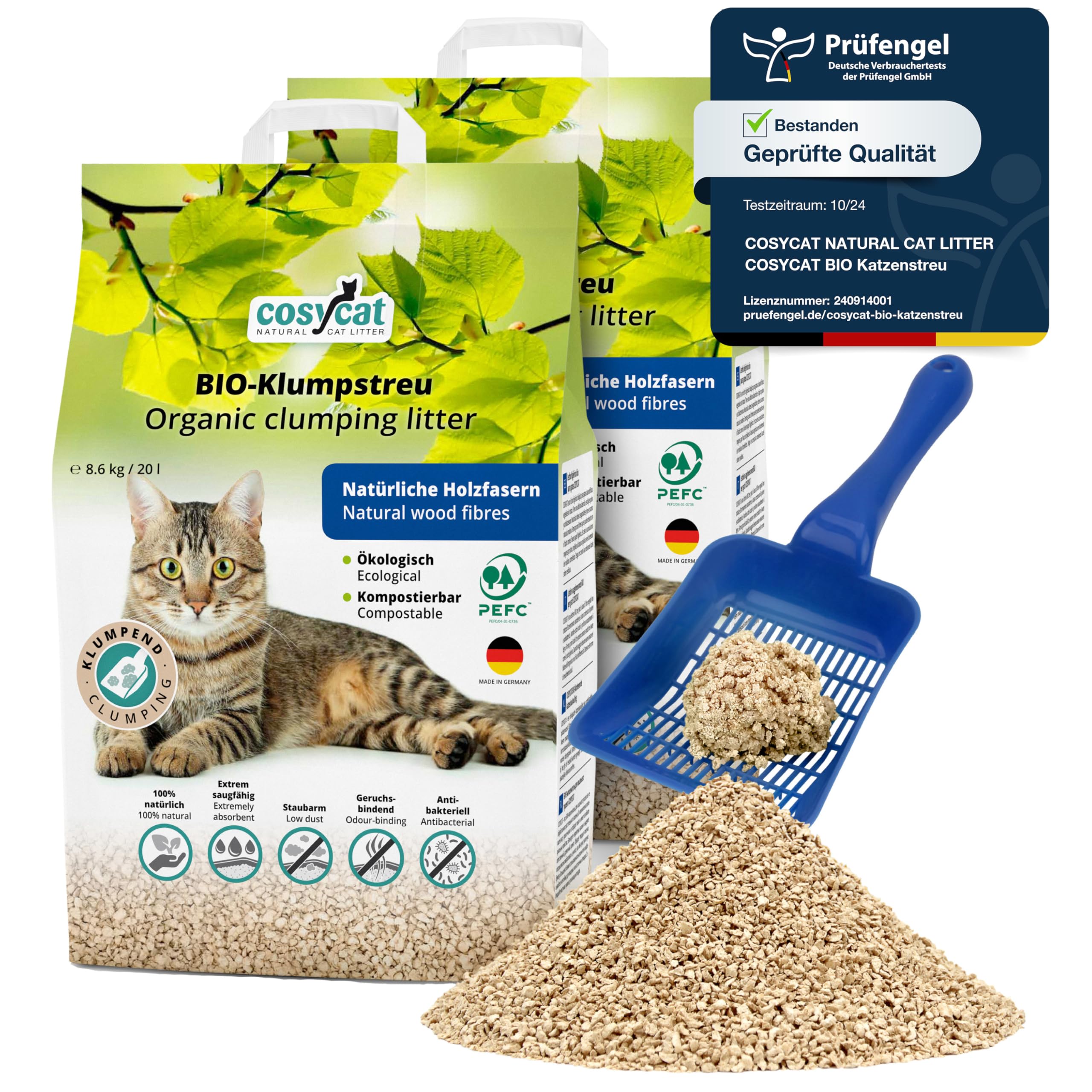 COSYCAT Klumpendes Katzenstreu Bio aus Holz, 100% Natürlich, [fein], [2x20l], in der Toilette entsorgbar, Klumpstreu pflanzlich, staubfrei ohne Duft