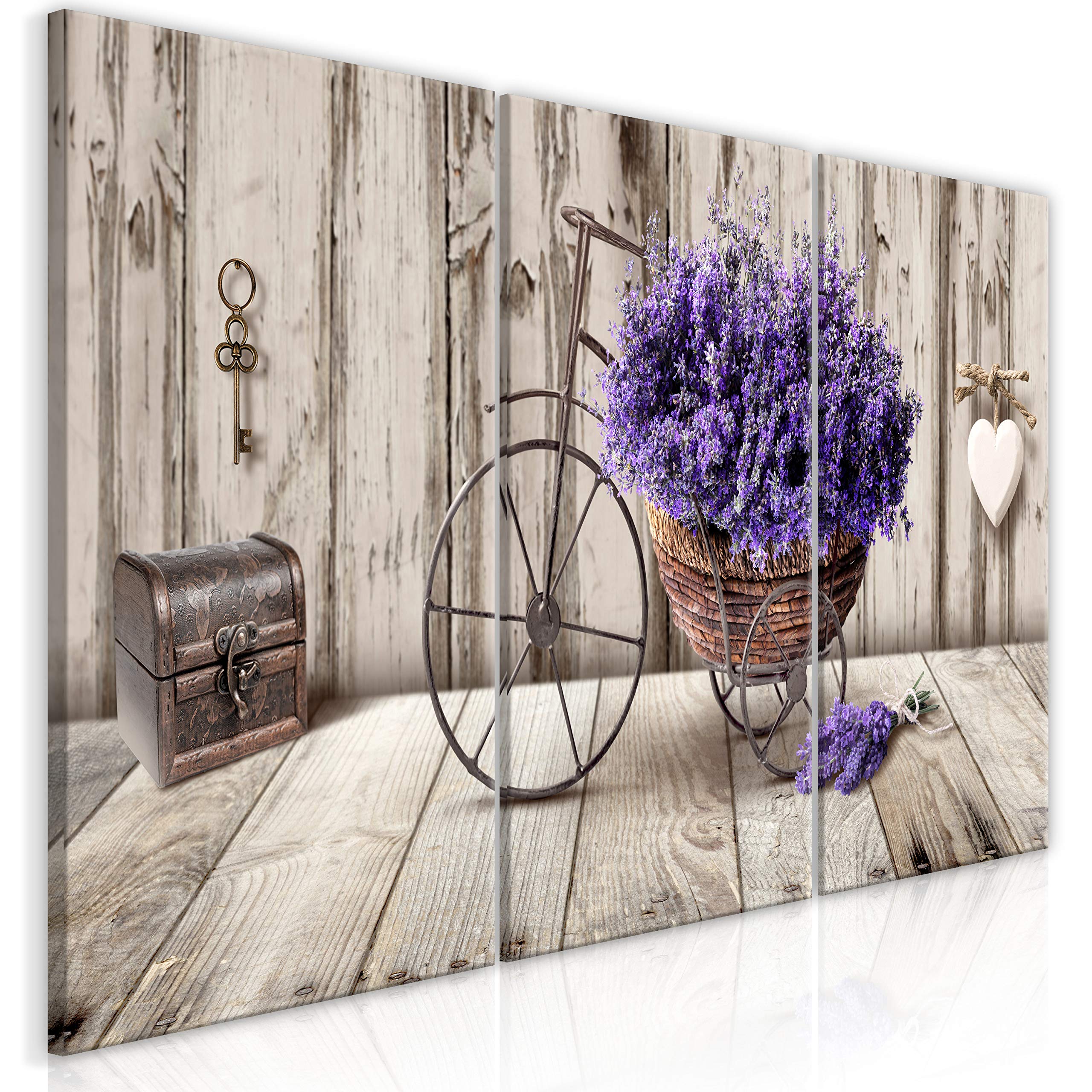 murando - Cuadro en Lienzo Flores 120x60 3 piezas - Impresión en material tejido no tejido cuadros decoracion salon modernos lienzos decorativos - Lavender Bicicleta Madera Corazon b-C-0644-b-e