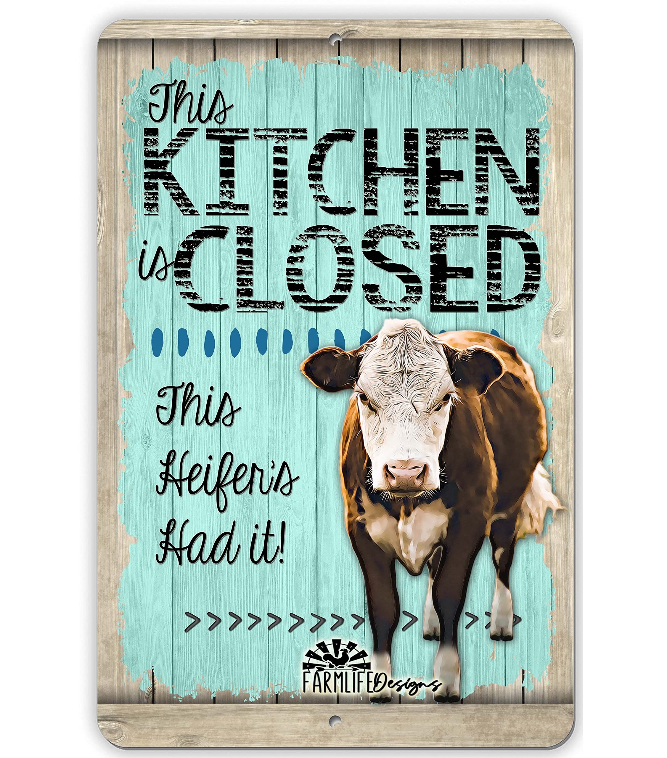 Niekea Vintage Metal Tin Sign Cow Heifer Kitchen Closed Funny Sign indoor decor, brown hereford bull, cow lover gift, heifer lover gift, gift for cow lover Posters tin Sign 12x8 Inch