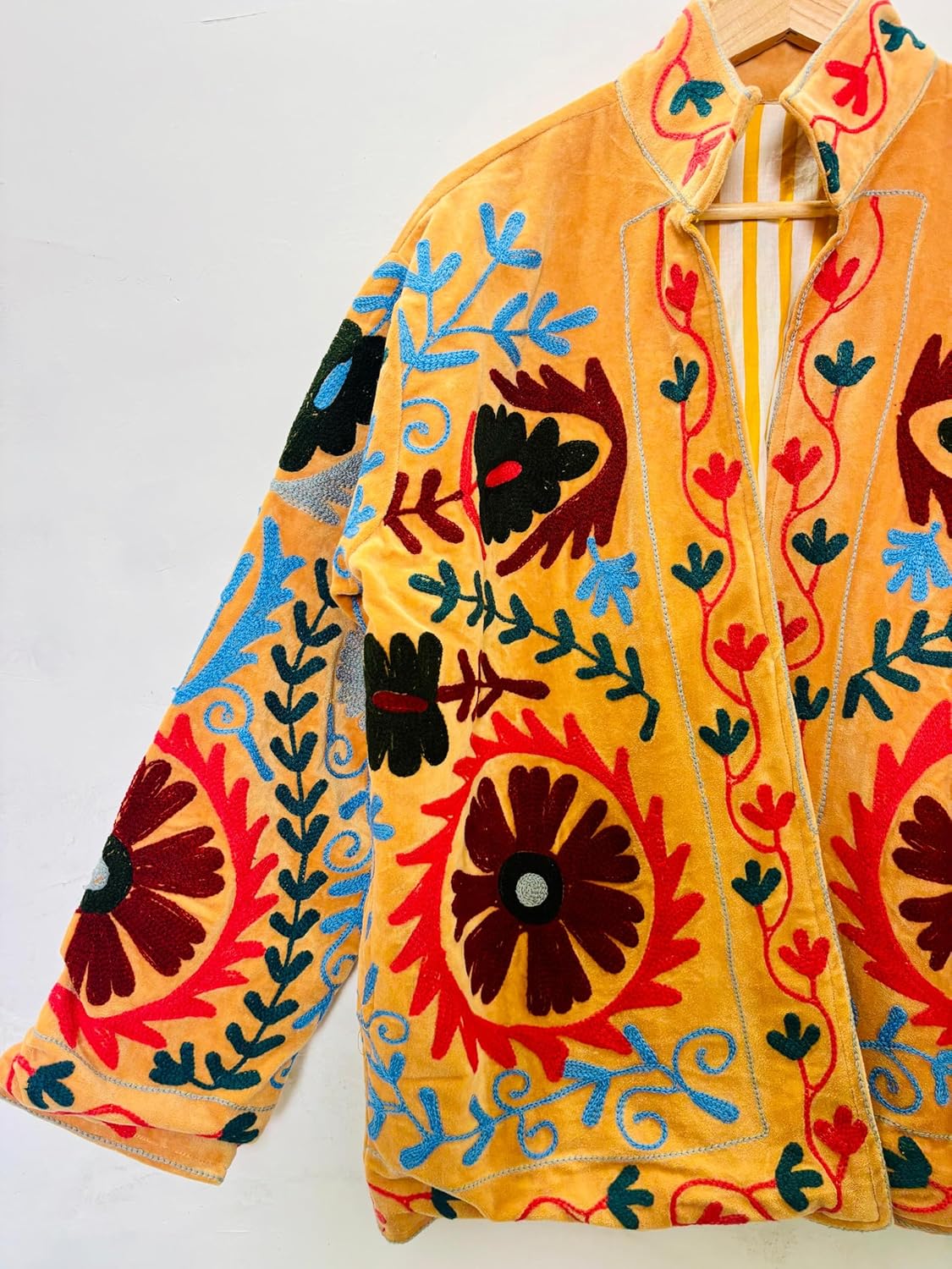 Embroidered Suzani Jacket, Orange, Floral Pattern, Long Sleeve, Open Front, Bohemian Style