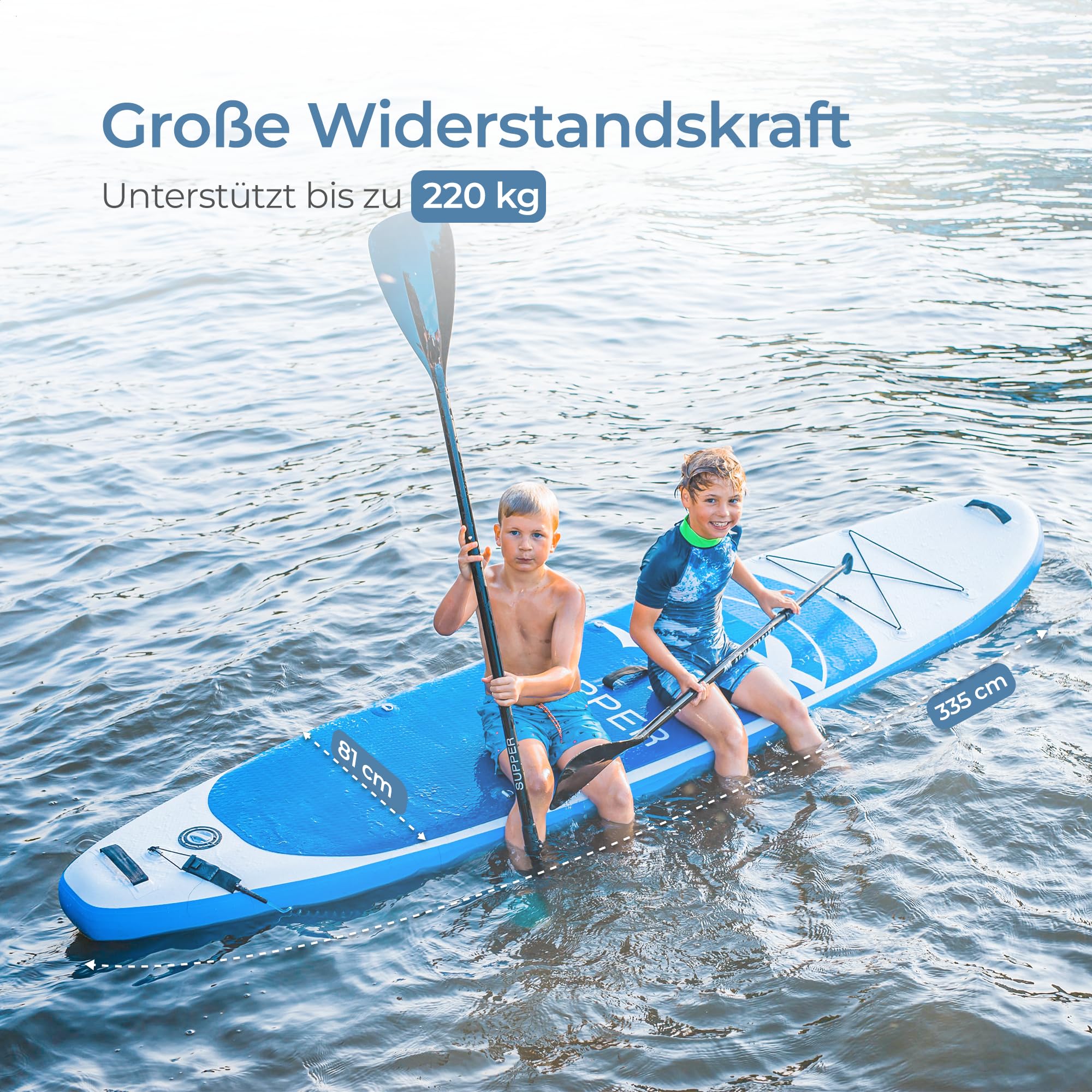 SUPPER Supper SUP Board XL – Max. 220 kg – Aufblasbar – Paddleboard – wasserdichte Handyhülle – Sitz – Pumpe – Finne – Leash – Tragetasche