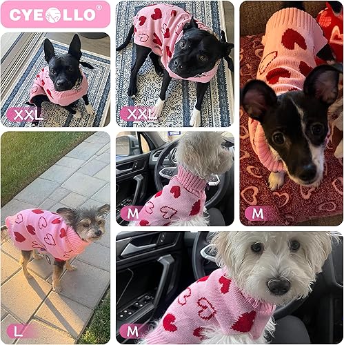 Miniatura 10 de cyeollo Vestido de suéter para perro, ropa de San Valentín, cuello alto con agujero para la correa, patrón de corazón, tema festivo, ropa para