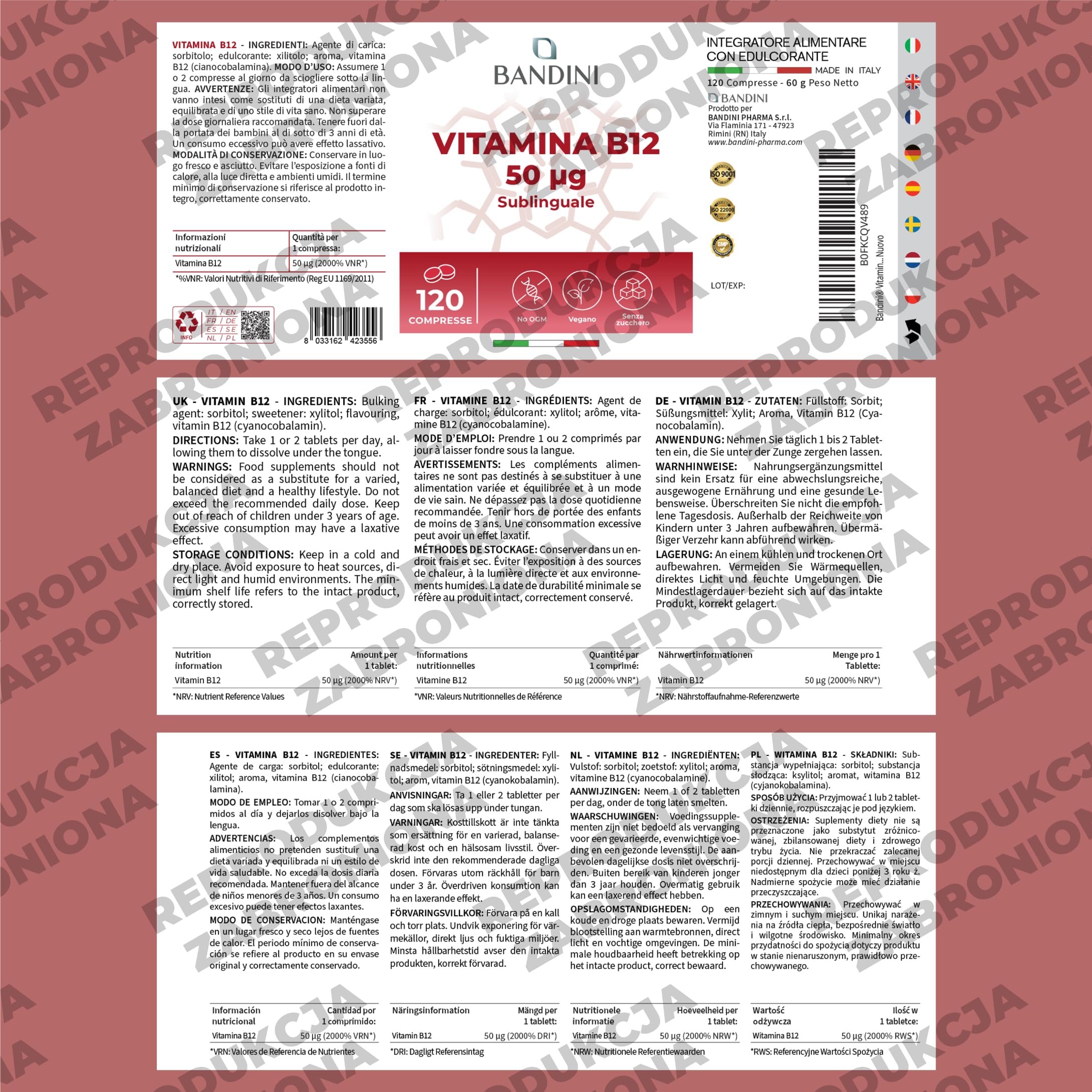 Bandini® Witamina B12 120 tabletek podjęzykowych - Cyjanokobalamina 50µg - 100% wegańskie - Wysoka dawka - Vitamin B12 dla układu odpornościowego, metabolizmu energetycznego, zmęczenia fizycznego