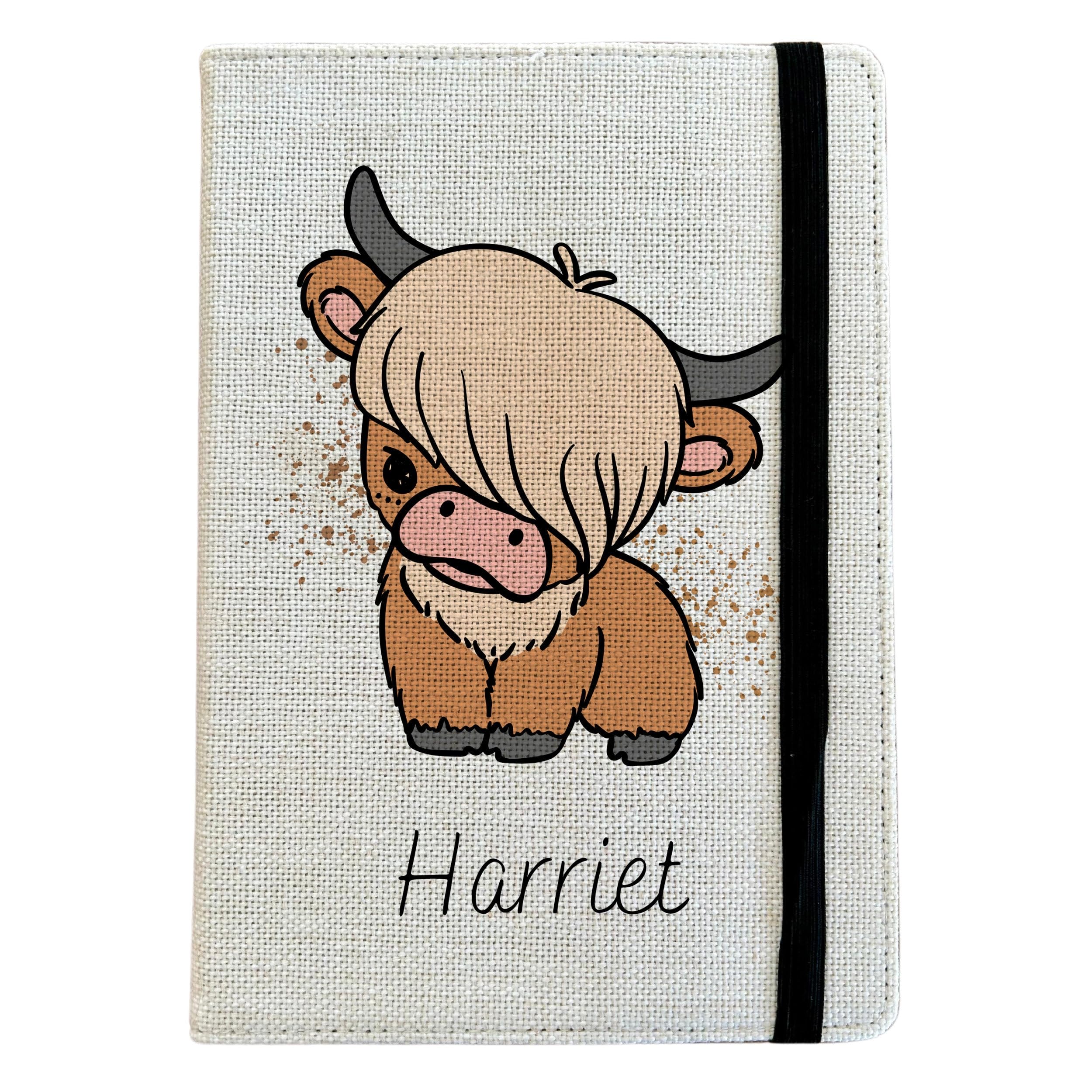 Personalised Highland Cow A5 Notebook - Custom Farm Animal Lined Journal - Reusable Wildlife Notebook Cover - Linen Hardback Journal Cover