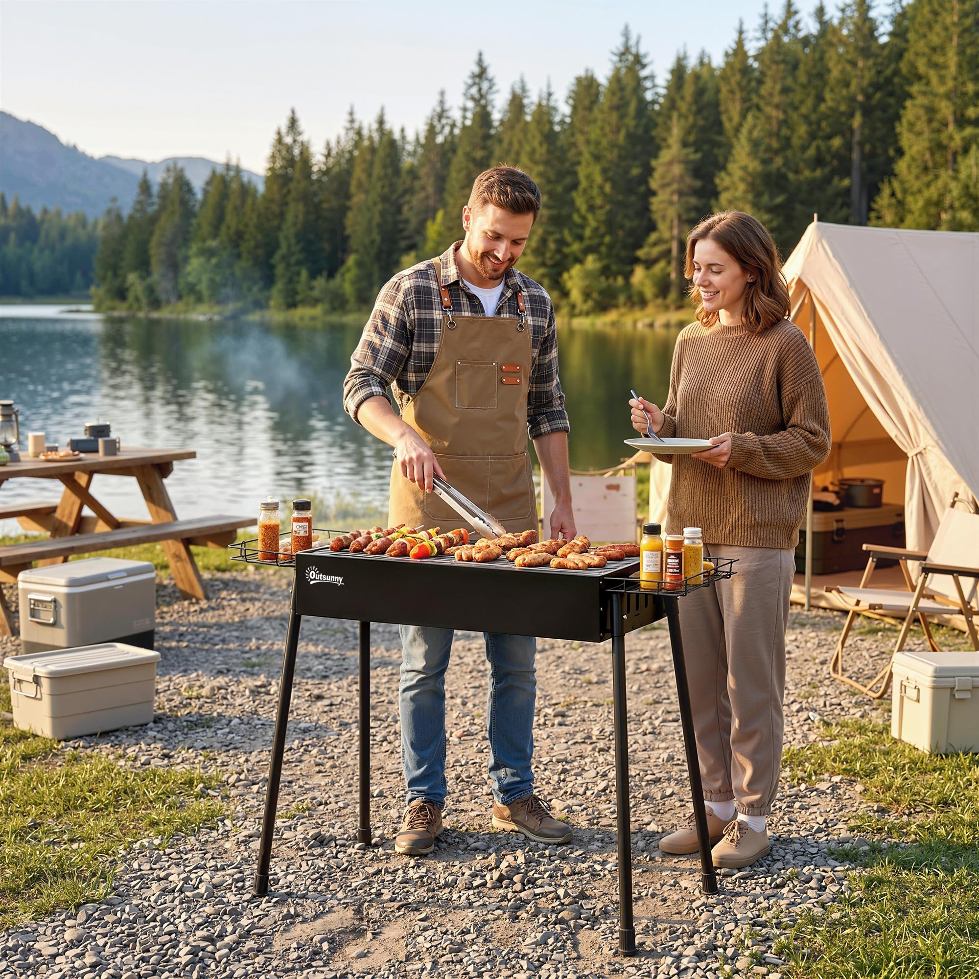 Outsunny tragbarer Holzkohlegrill mit Gewürzkörben und Haken, kompakter Edelstahlkocher für Camping, Picknick, Wandern, Gartenparty, Festival | Gewürzkörbe, kompakter Edelstahlkocher, Camping, Picknick, Wandern, Gartenparty, Festival