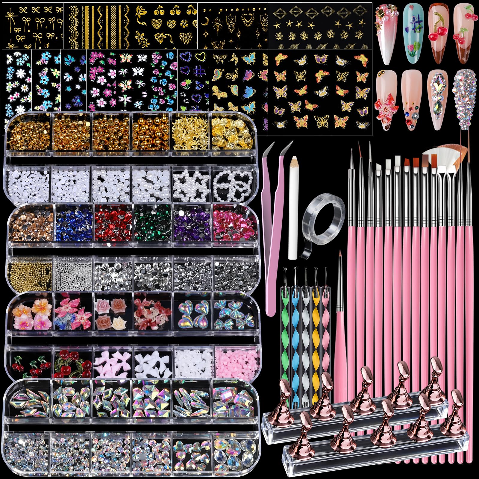 Teenitor 4 Boxes Nail Charms and Gems Set Nail Rhinestones Nail Kit with Nail Art Brushes Nail Stand