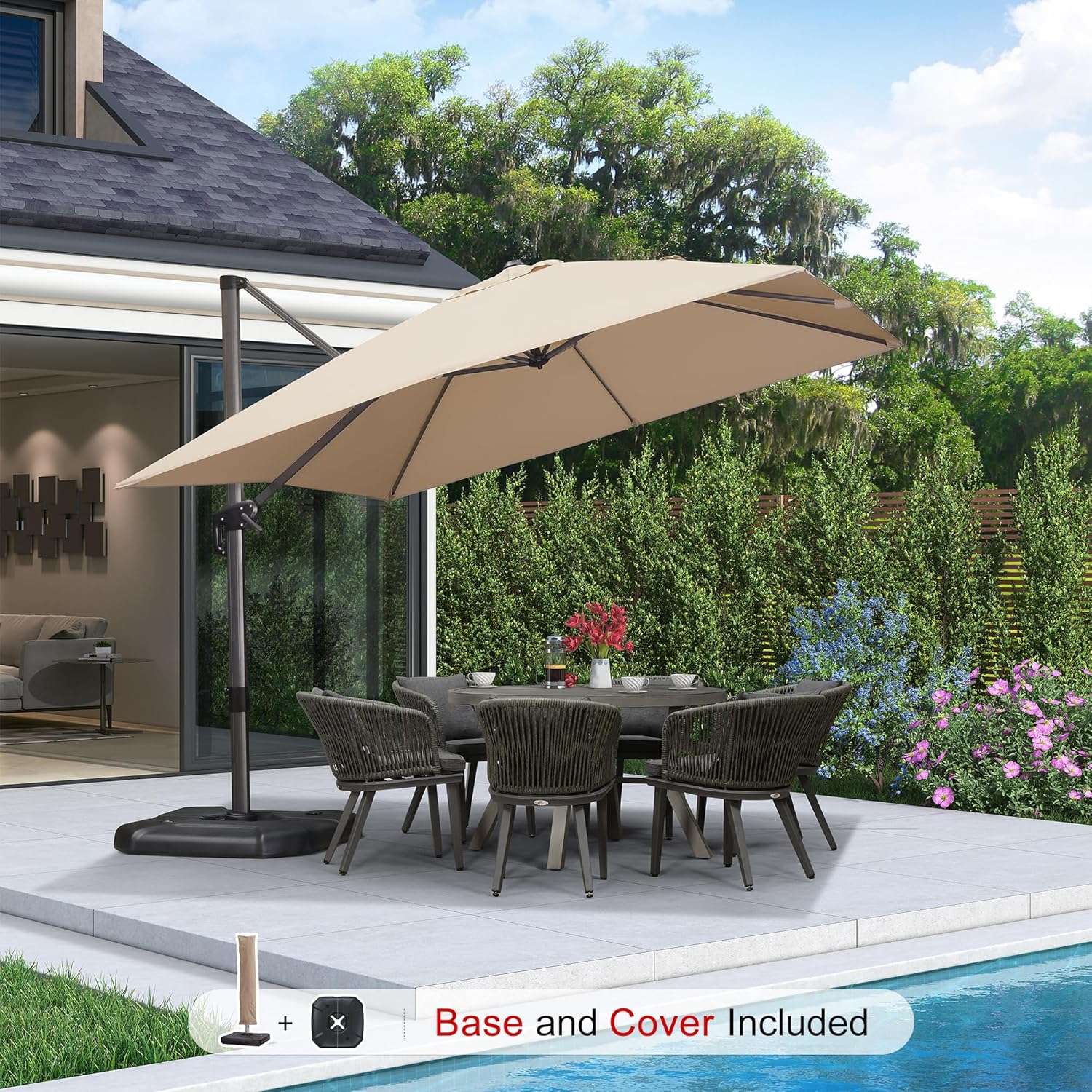 PURPLE LEAF 10'×10' Patio Umbrella with Base and Cover Outdoor Umbrella Large Cantilever Windproof Offset Heavy Duty Sun Umbrella for Garden Deck Pool Patio Beige