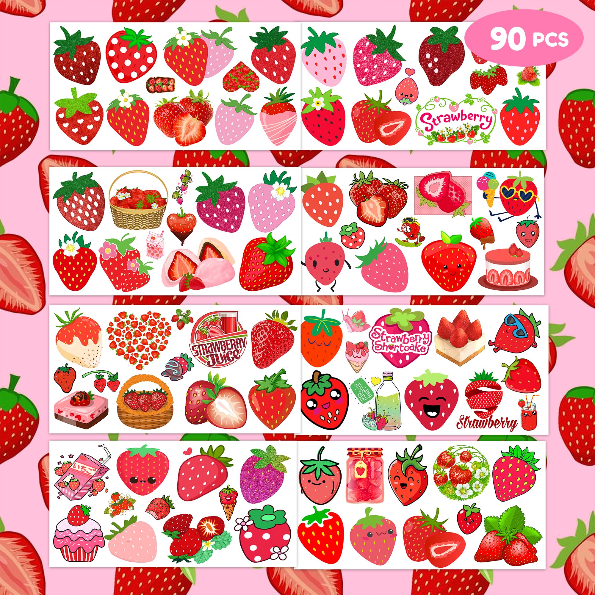 Sweet One Strawberry Themed 1st Temporary Tattoos 90 PCS Party Decorations Favors Supplies Berry First Theme Birthday Cute Fruit Tattoo Stickers Gifts for Boys Girls Kids Class School Prizes Christmas