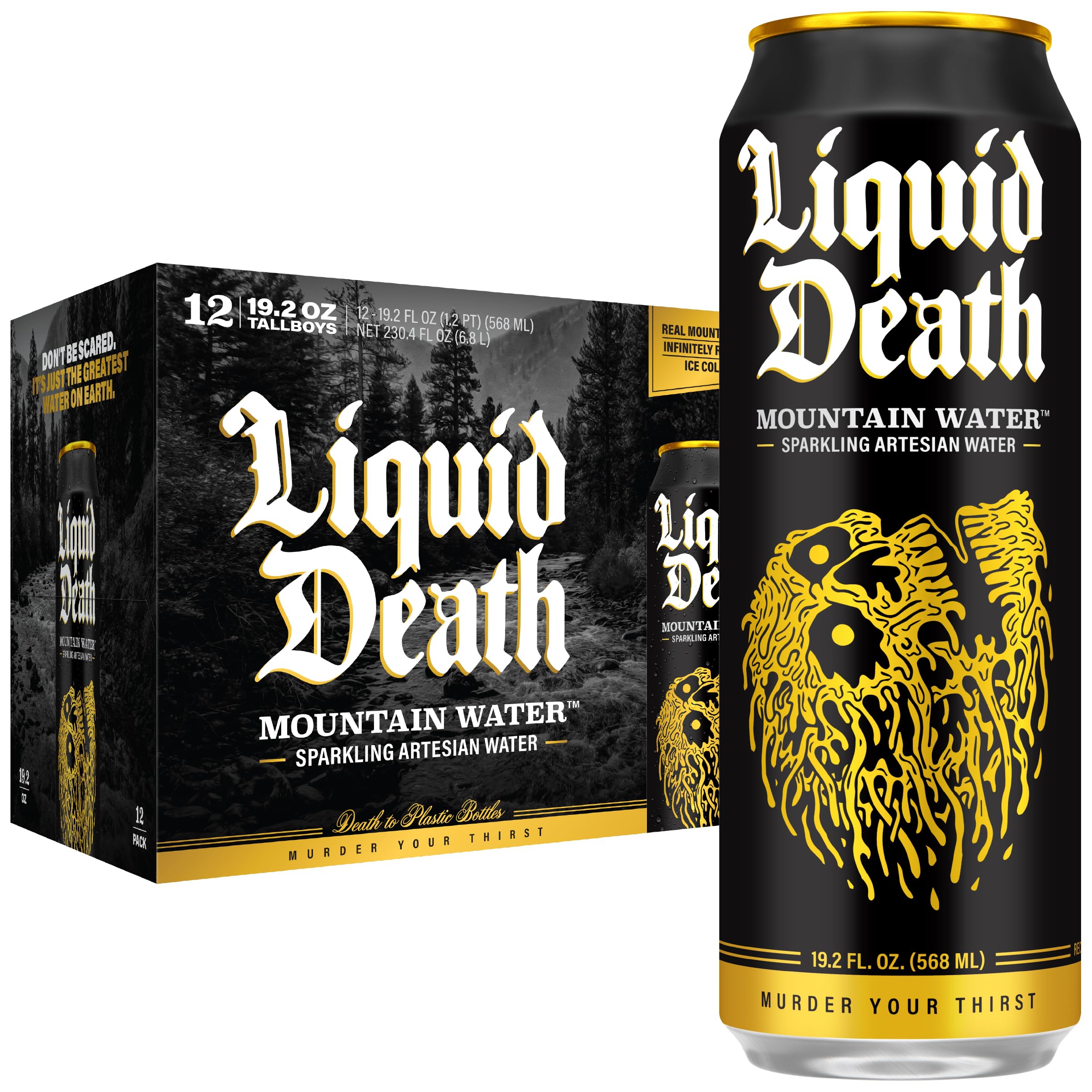 Liquid Death Sparkling Mountain Water, Real Mountain Source, Ice-Cold Cans, Infinitely Recyclable, King Size 19.2 Fl Oz (Pack of 12)