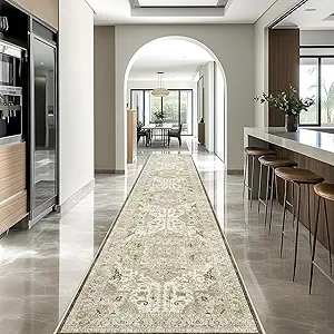 Madane Hallway Runner Rug 2'6''x16' Kitchen Runner - Non Slip Vintage Runners for Hallways Washable Kitchen Rugs Soft Low Pile 2.5x16 ft Rug Runner for Laundry Room, Entryway and Bedroom, Ivory/Brown