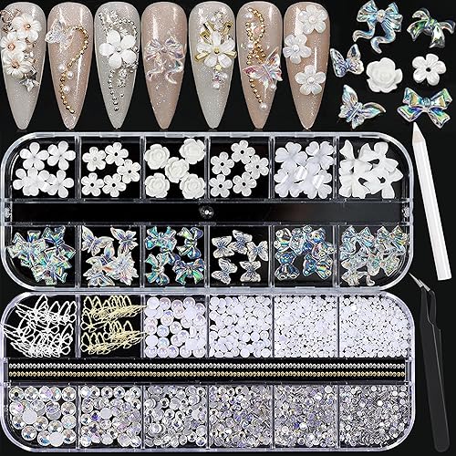 RODAKY Dijes de uñas 3D para uñas acrílicas, mariposa, flor, oso, arte de uñas, manualidades, diamante para decoración de uñas, perla, metal, gemas