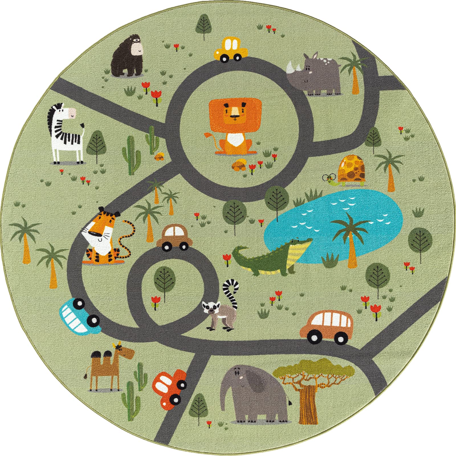 the carpet - Happy Life - Washable play mat for nursery, urban, car, jungle and animal designs, grey, round, Ø 200 cm