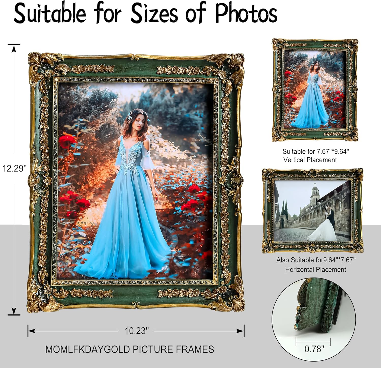 Green 8x10 Vintage Picture Frame - Elegant Gold Ornate Antique Fancy Picture Frames with Glass Front, Tabletop & Wall Display