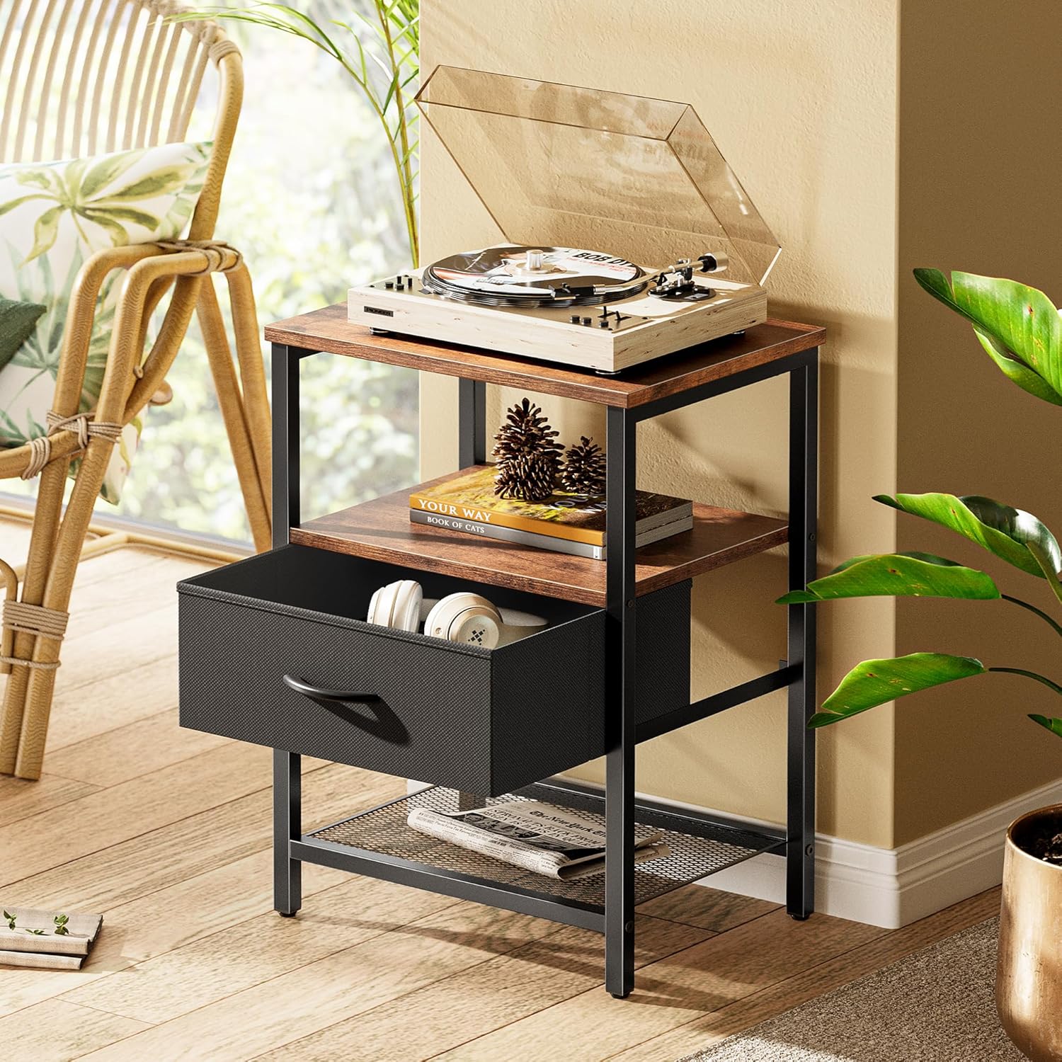 huuger nightstand set of 2, night stand with fabric drawer, mesh shelf, side table with storage, fabric drawer dresser, open shelf, metal frame, bedroom, rustic brown and black 2 rustic brown and black