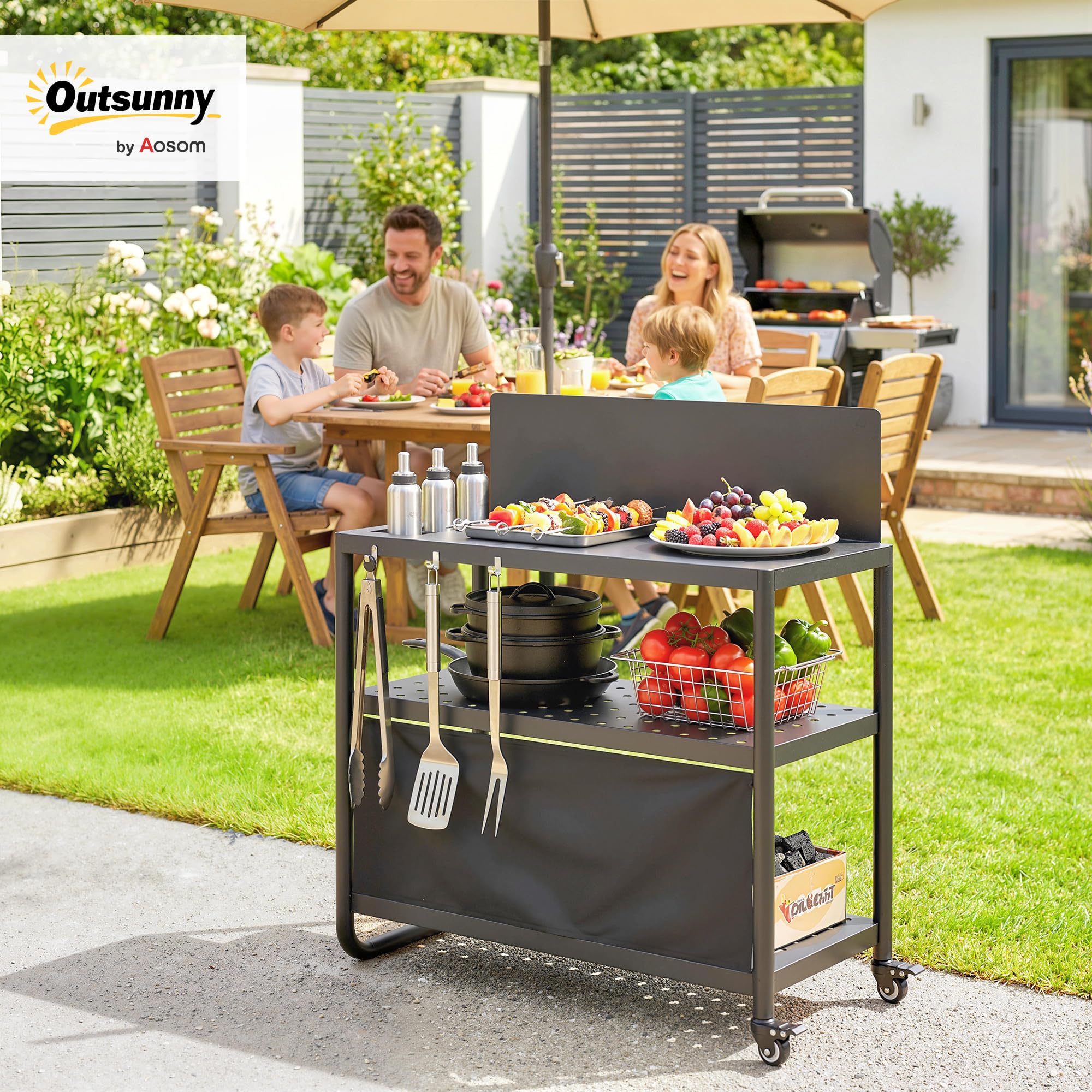 Outsunny Chariot de Barbecue en Acier 100x46x110cm avec Pare-vent - Desserte de Jardin 3 Niveaux Mobile avec Rideau Oxford - Station de Cuisson pour Plancha et Four à Pizza avec Rangement, Noir