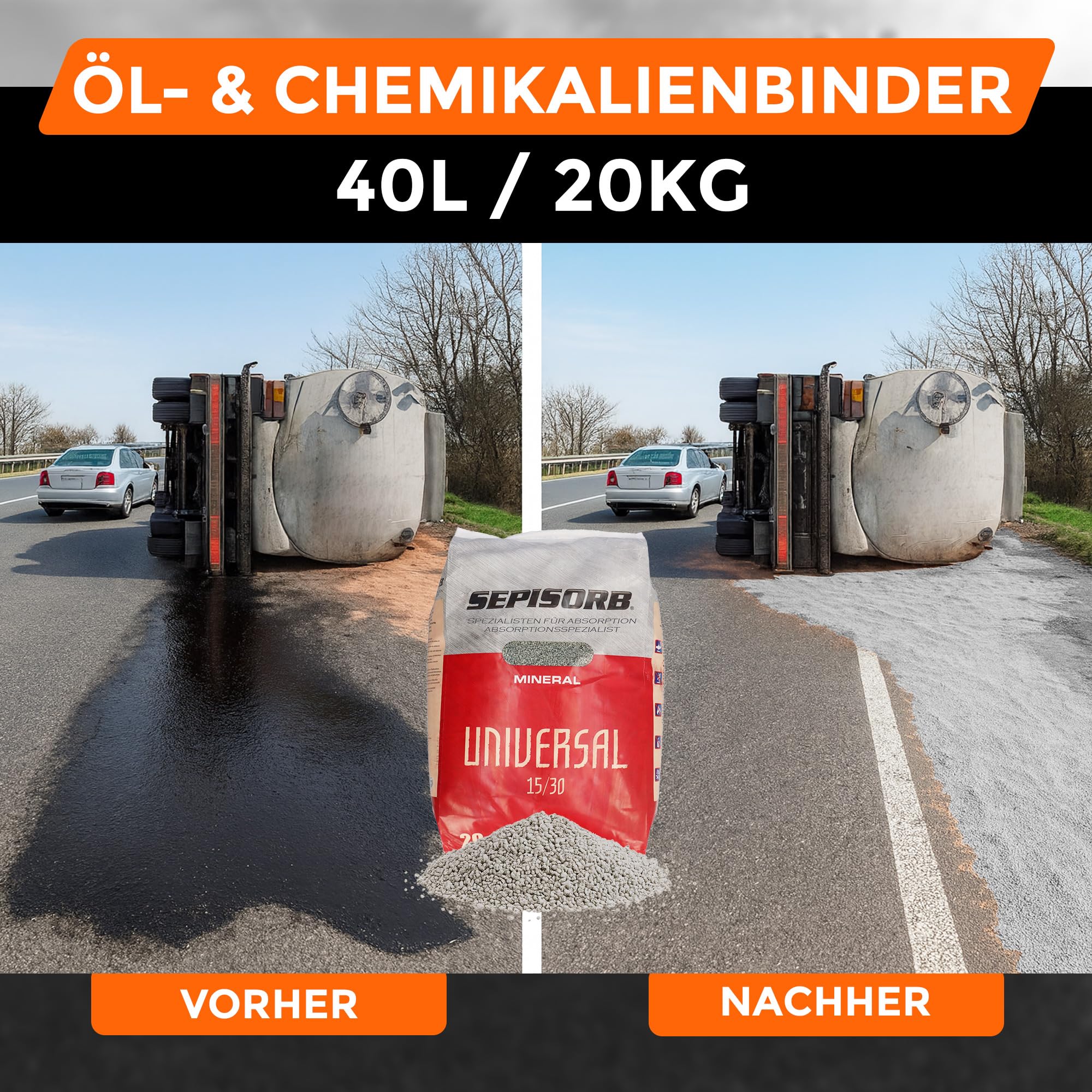SAMETRUCK 40L Ölbindemittel Sack 20kg Granulat fein Chemikalienbinder Körnung 0,25-1.18mm