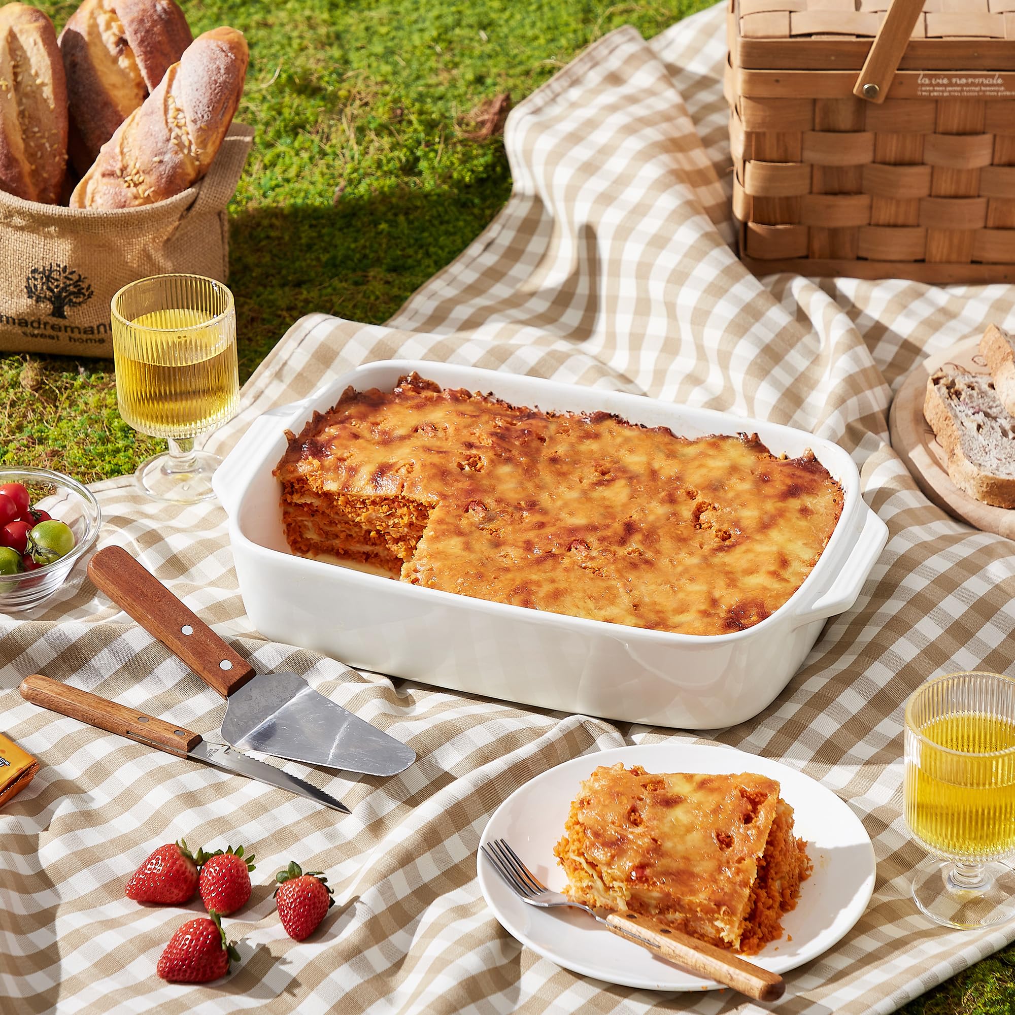 Cacerola grande de cerámica con tapa, platos rectangulares cubiertos de gres de 4.0 cuartos de galón para horno, sartenes de lasaña profundas de 9 x 13 pulgadas para hornear y servir, perfecto para