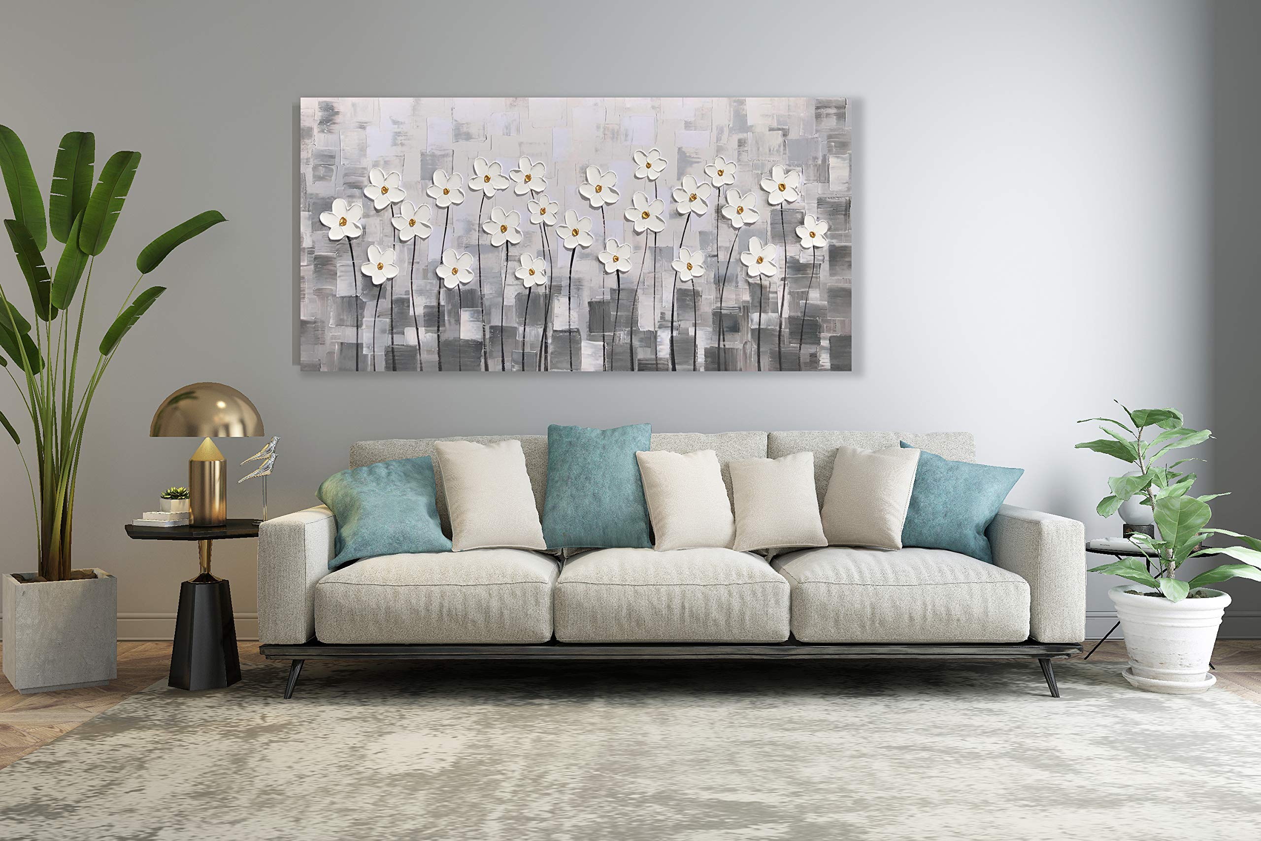 Yihui Arts Hand Painted 3D Flower Canvas Wall Art - 20x40 Inch Grey White Abstract Painting