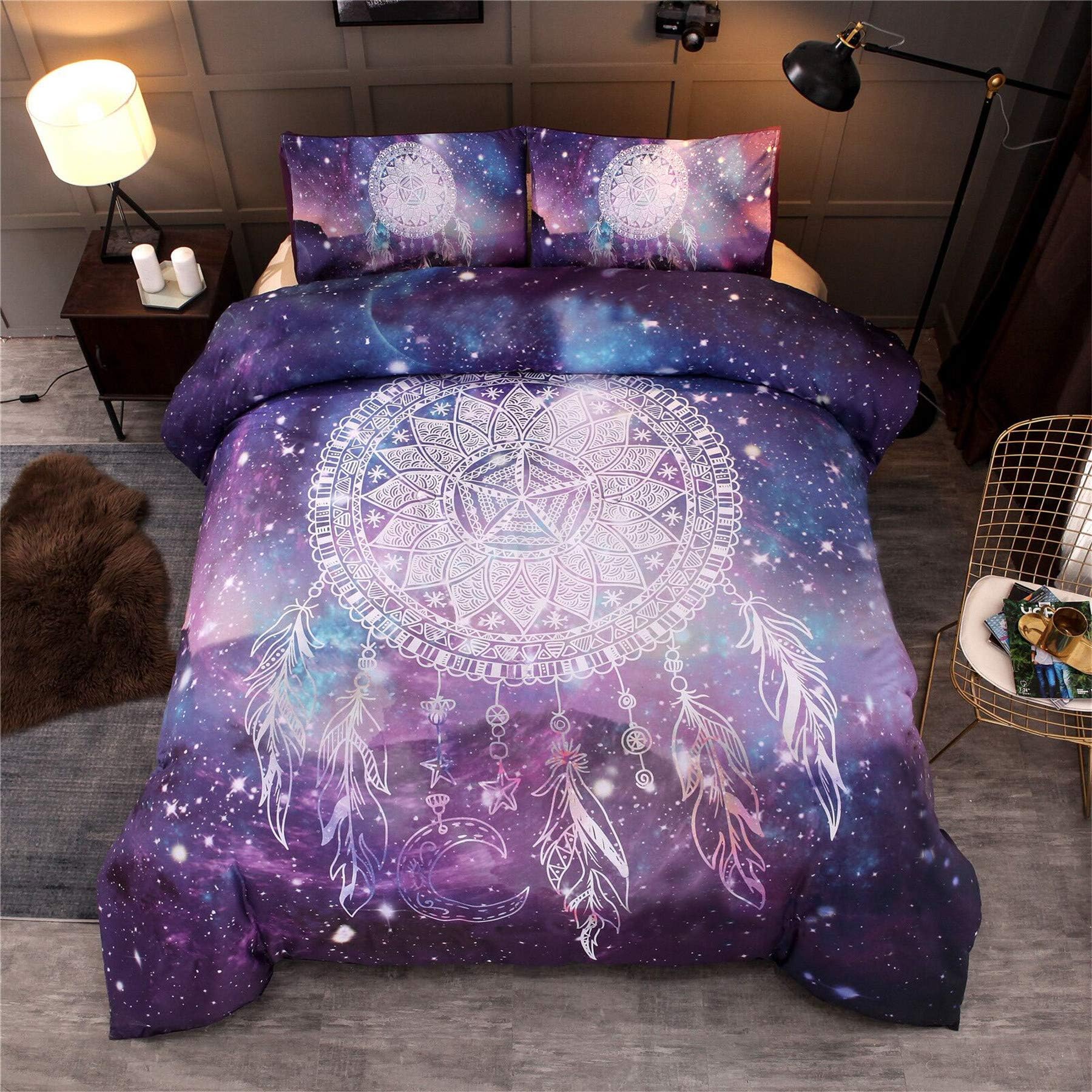 A Nice Night Pink Dream Catcher Feathers Duvet Cover Set Boho Chic Bohemian Mandala Print Bedding Set,Galaxy Dreamcatcher,Twin