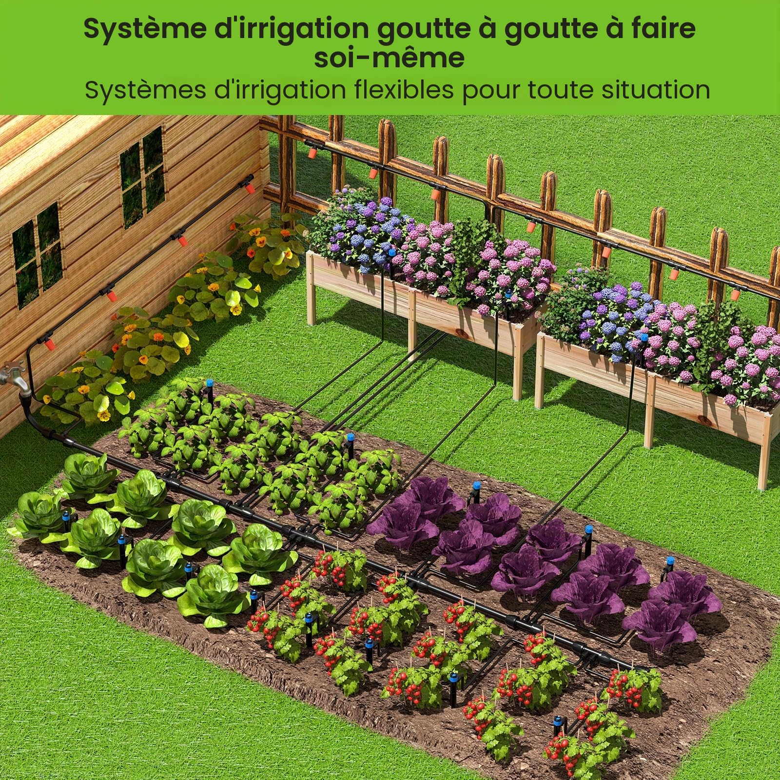 MIXC Kit d'irrigation goutte à goutte pour serre de 68m Système d'arrosage automatique pour plantes de patio avec tuyau de distribution de 6,35mm et 12,7cm Buse réglable Émetteurs cannelés