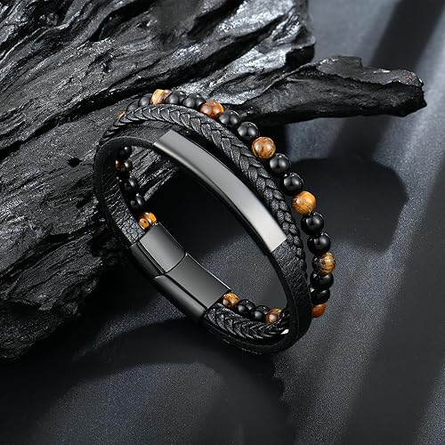 Miniatura 4 de Raymard Pulsera de cuentas de piedra volcánica de piedra volcánica de ónix negro y ojo de tigre mate para hombre, pulsera de cuero trenzado negro