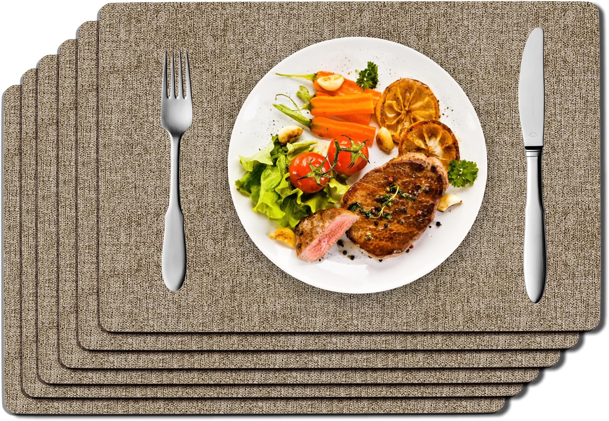 DOLOPL Placemats Set of 6, Brown Faux Leather Heat Resistant Place Mats for Dining Table, Waterproof Oilproof Wipeable Washable Table Mats, Easy to Clean Anti-Slip Tablemats for Kitchen, Party