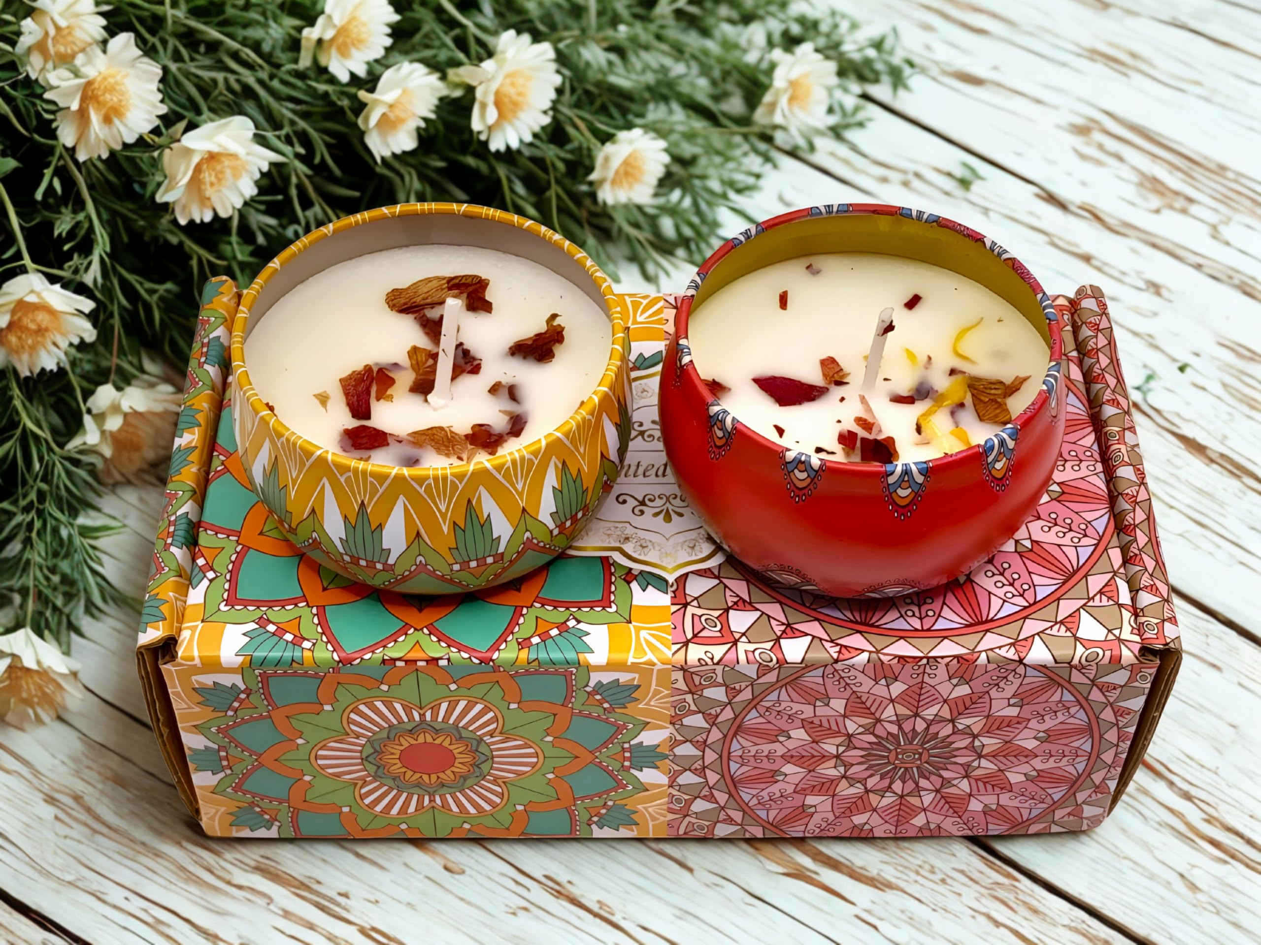 Tag And Treasure Luxury Scented Soy Wax Candles in Mandala Decorative Tins | Potpourri Infused | Reusable Jar |Gift Set,Aroma, Vastu Decor,Gifting,Home Fragrance & Relaxation & Meditation Pack of 2-image-10