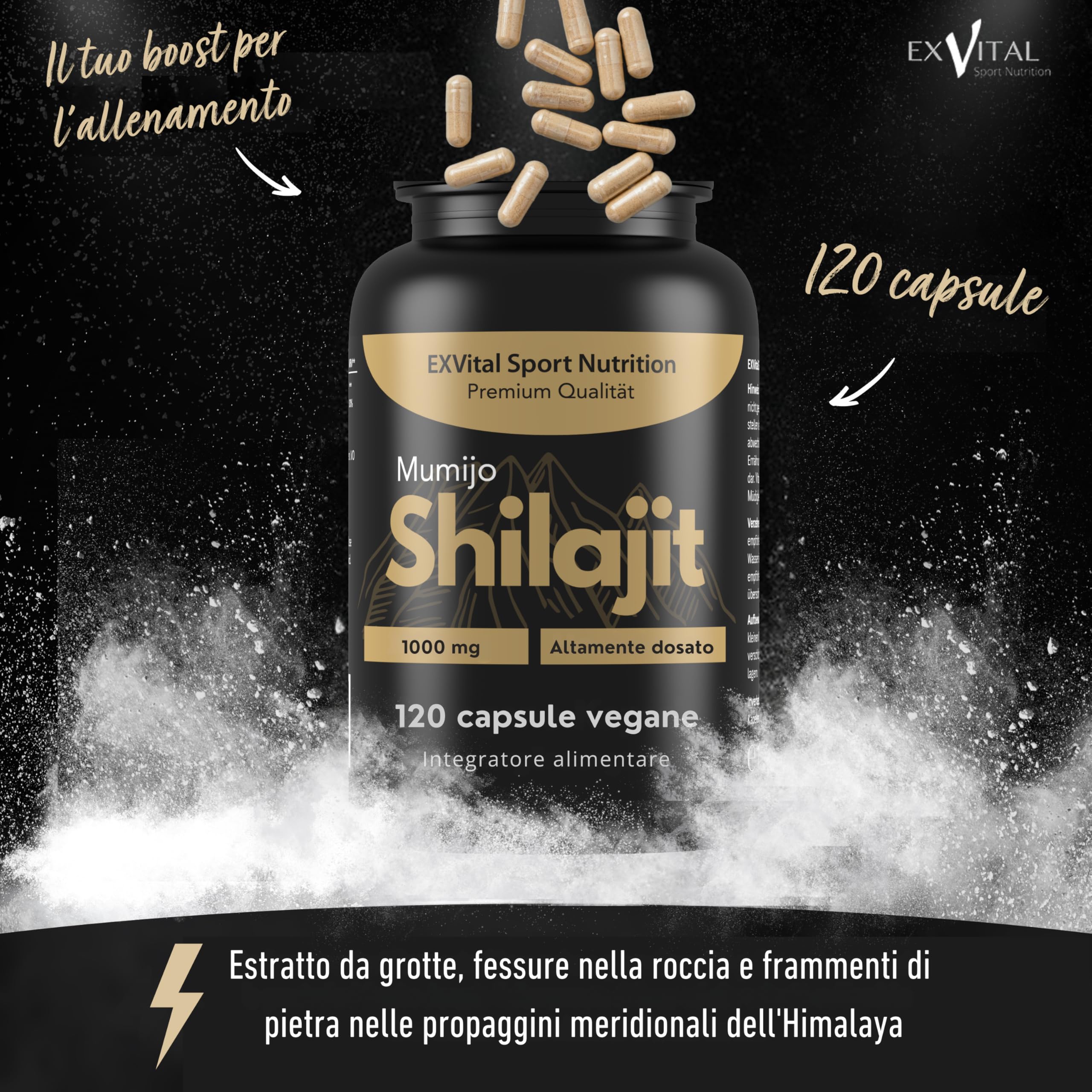 Mumijo Shilajit capsule, ad alto dosaggio 1000 mg per dose giornaliera, l’originale dell’Himalaya, 120 capsule, vegano e testato in laboratorio