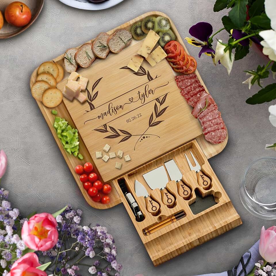 Personalized Charcuterie Board Gift Set - Custom Engraved Bamboo Cheese Board, Wedding Gift for Couple Anniversary, Housewarming, Engagement Bridal Shower, Birthday Gift for Her Him Parents Newlyweds