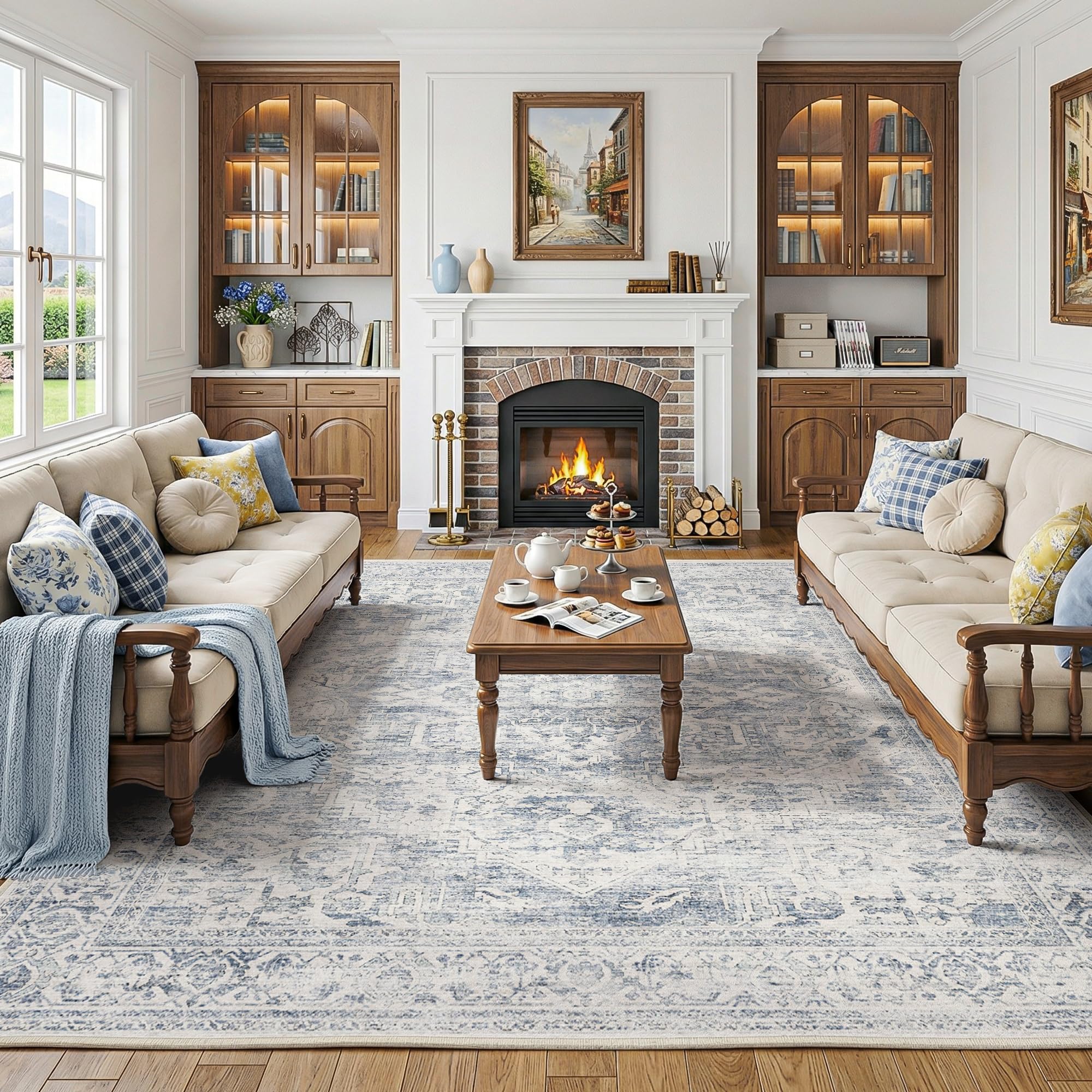 Beauoop Washable Area Rug Blue Neutral 200x300 cm Large Vintage Distressed Non Slip Carpet for Living Room Bedroom Soft Low Pile Indoor Oriental Retro Thin Rug for Dining Room Kitchen Nursery Office