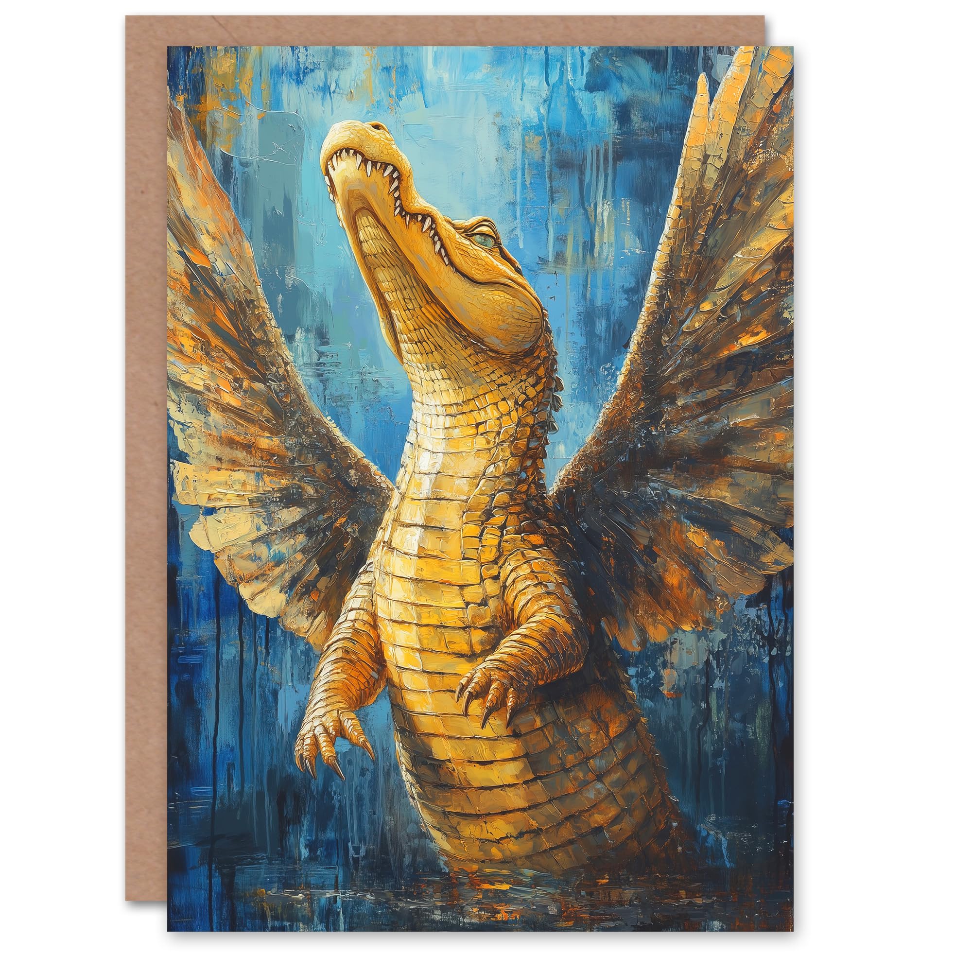 Artery8 Greeting Card Yellow Crocodile With Angel Wings Oil Painting Blank For Him Or Her Art Birthday Card