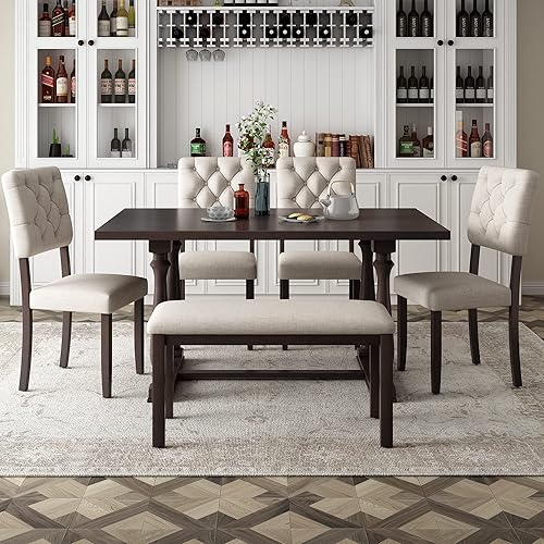 Merax 6 Pieces Dining Table Chair Set with Bench, Rectangle 4 Upholstered Chairs & a Wood Kitchen for Persons, Modern Style Room (Espresso+Beige)