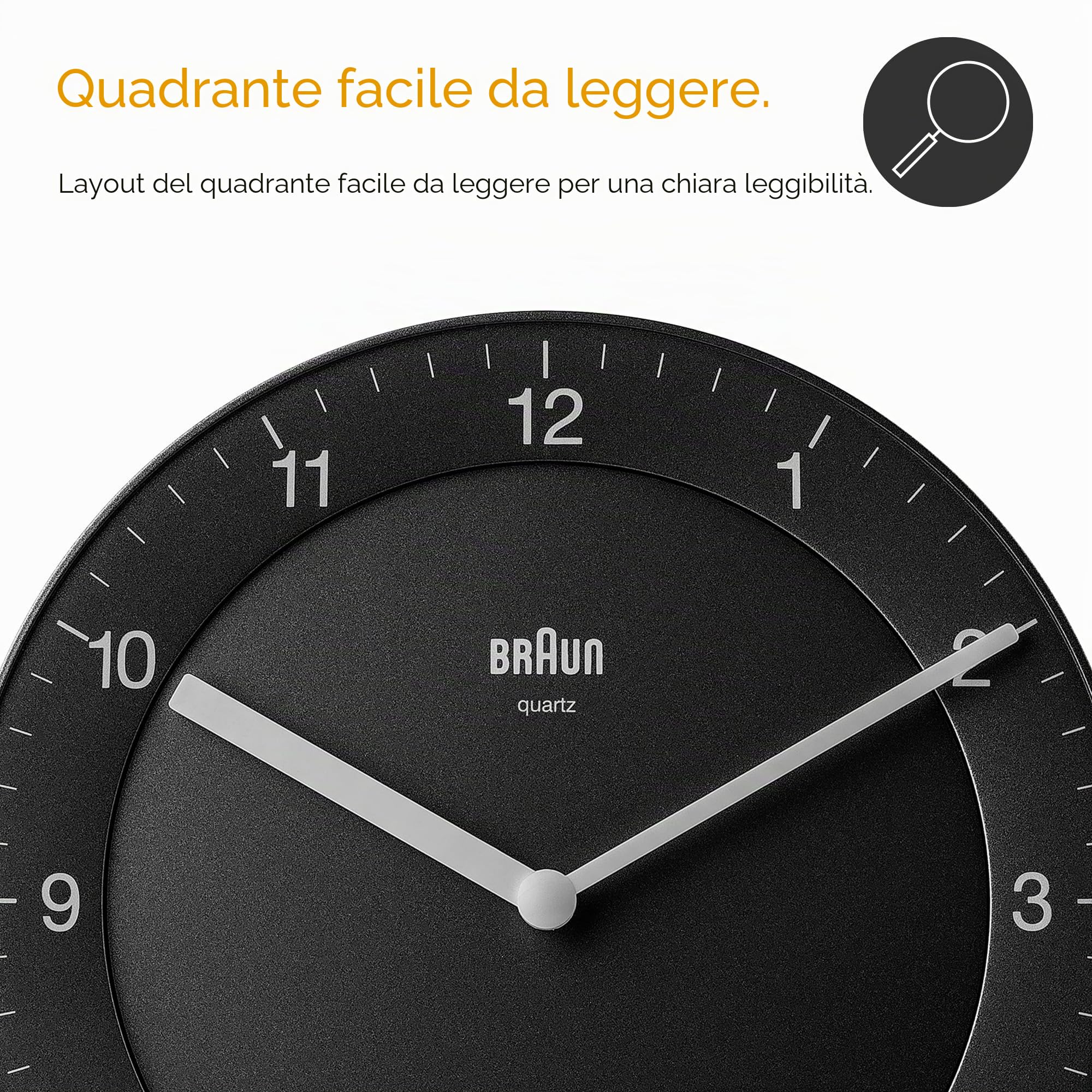 Orologio da Parete Analogico Classico Braun con Movimento al Quarzo Silenzioso, Facile da leggere, Diametro di 20 cm, colore nero, modello BC06B.