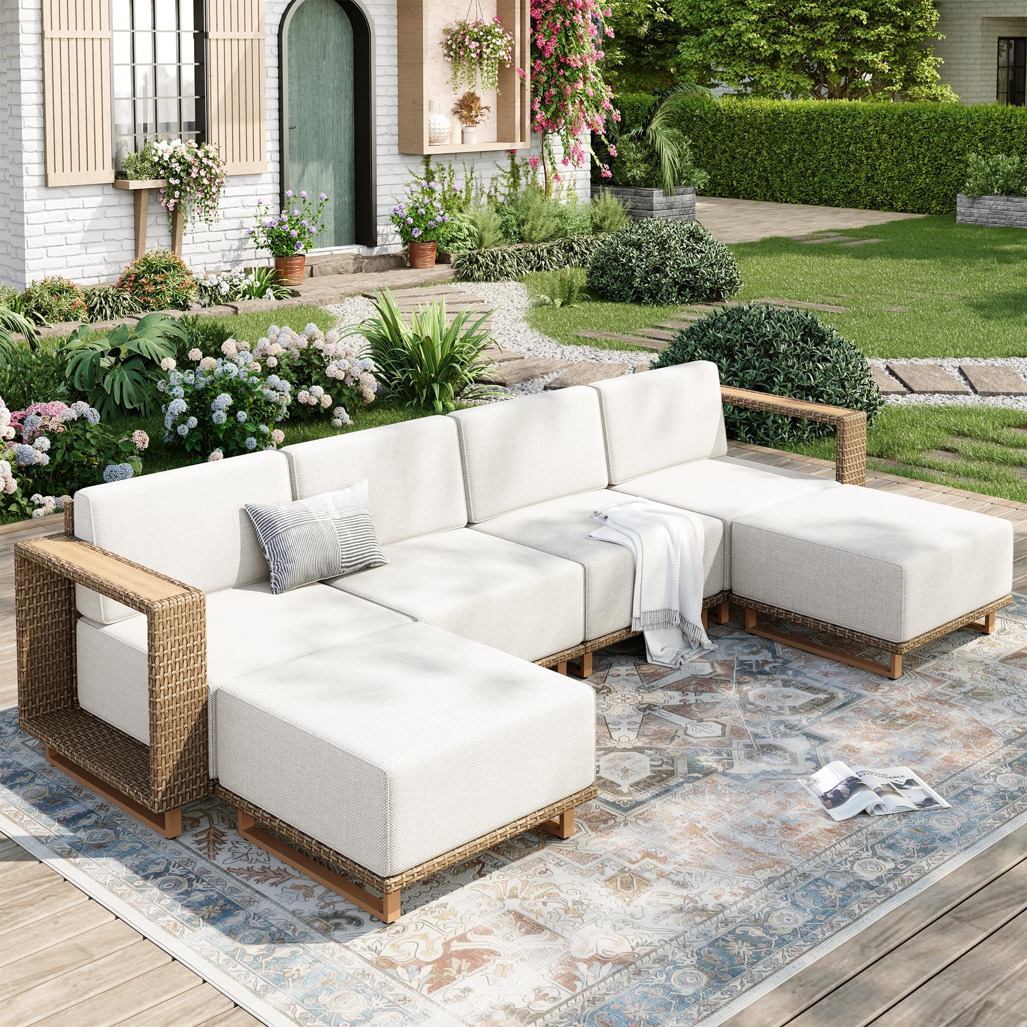 MIXPATIO Outdoor Patio Furniture Set, 6 Piece Outdoor Rattan Wicker Sofa Couch Set, Sectional Outdoor Conversation Sets with 10" Extra Thick Cushions for Deck Backyard Lawn