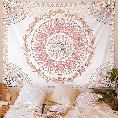 FLY SPRAY Mandala Tapestry Aesthetic,Boho Tapestry Wall Hanging,Pink Floral Medallion