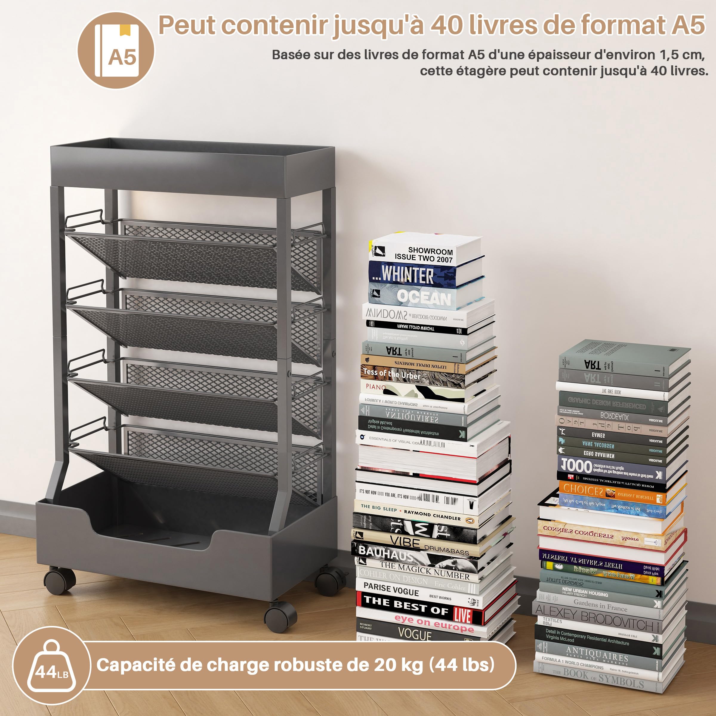 Bibliothèque mobile avec roue, organisateur de bureau, étagère de bureau, chariot à livres, porte-revues, grande capacité, gris