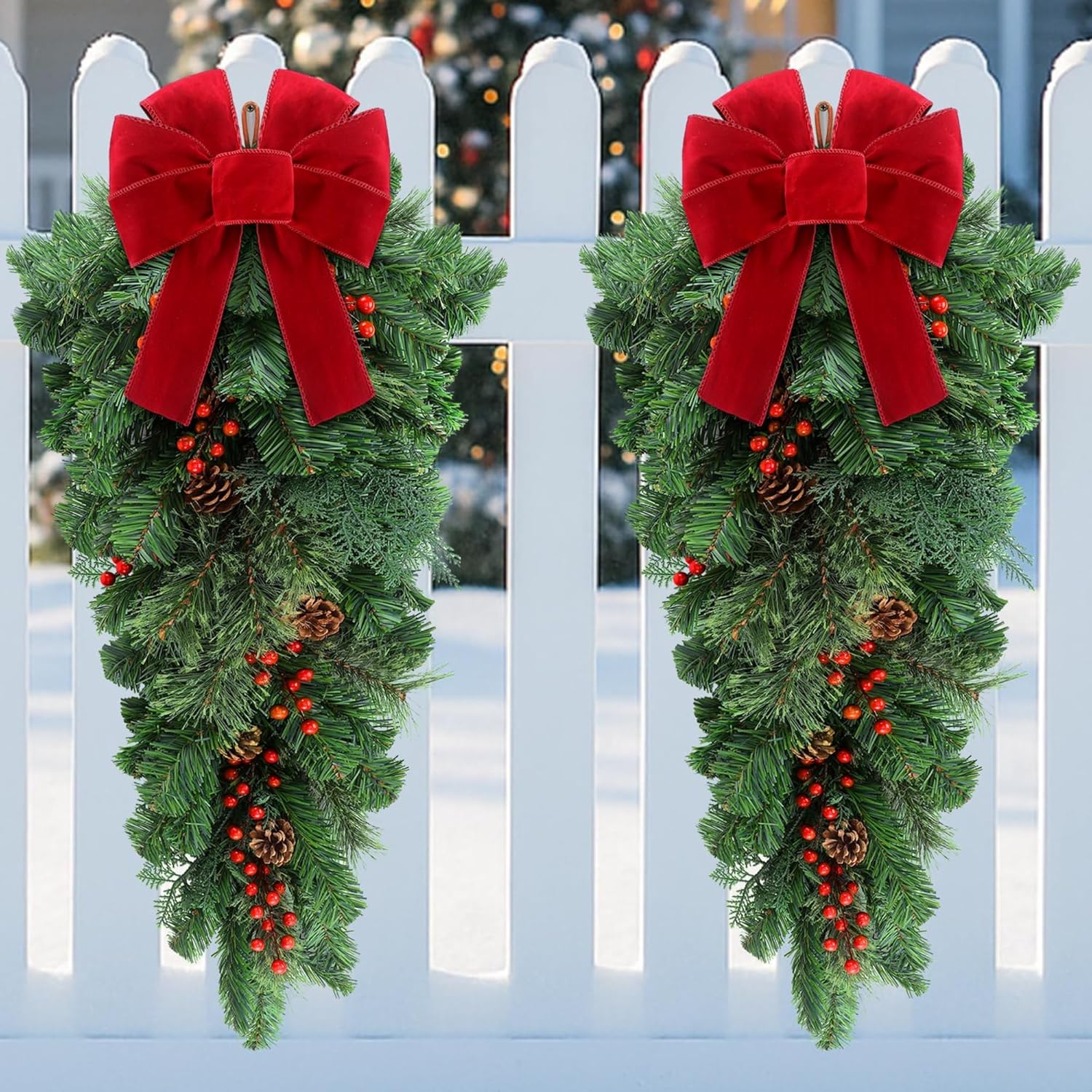 2 Pack 36 Inch Large Christmas Teardrop Swags Artificial Pine Teardrop Swags with Red Berries Pine Cones and Bow for Christmas Front Door Stairs Fireplace Holiday Outdoor Indoor Decor