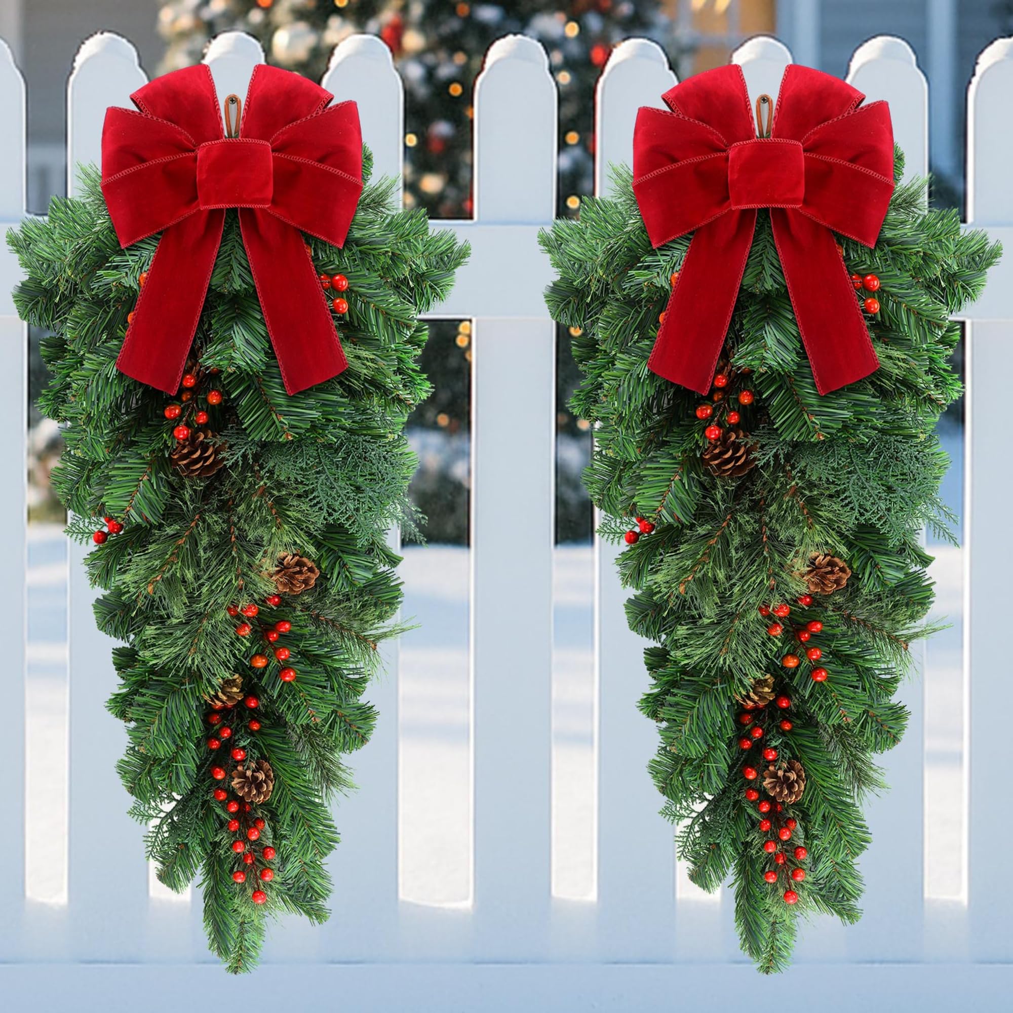 2 Pack 36 Inch Large Christmas Teardrop Swags Artificial Pine Teardrop Swags with Red Berries Pine Cones and Bow for Christmas Front Door Stairs Fireplace Holiday Outdoor Indoor Decor