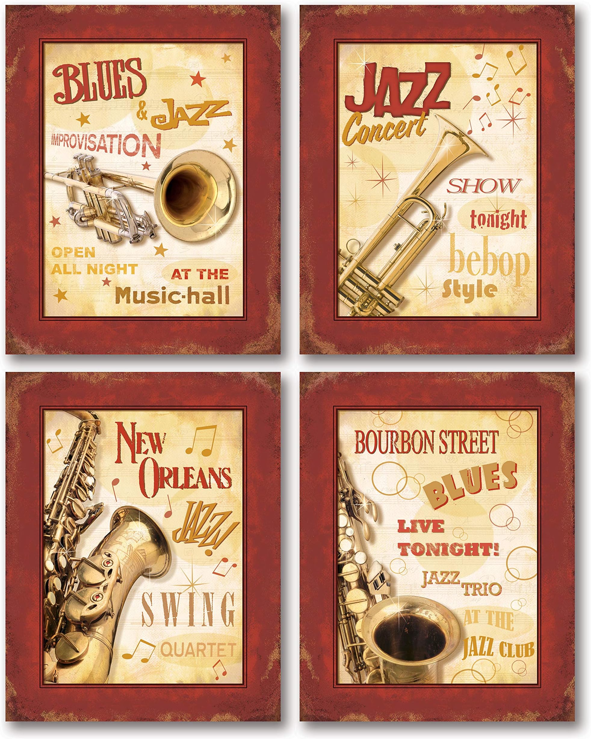 Vintage New Orleans Jazz and Blues Show Signs; Four 8x10in Poster Prints. Red/Cream