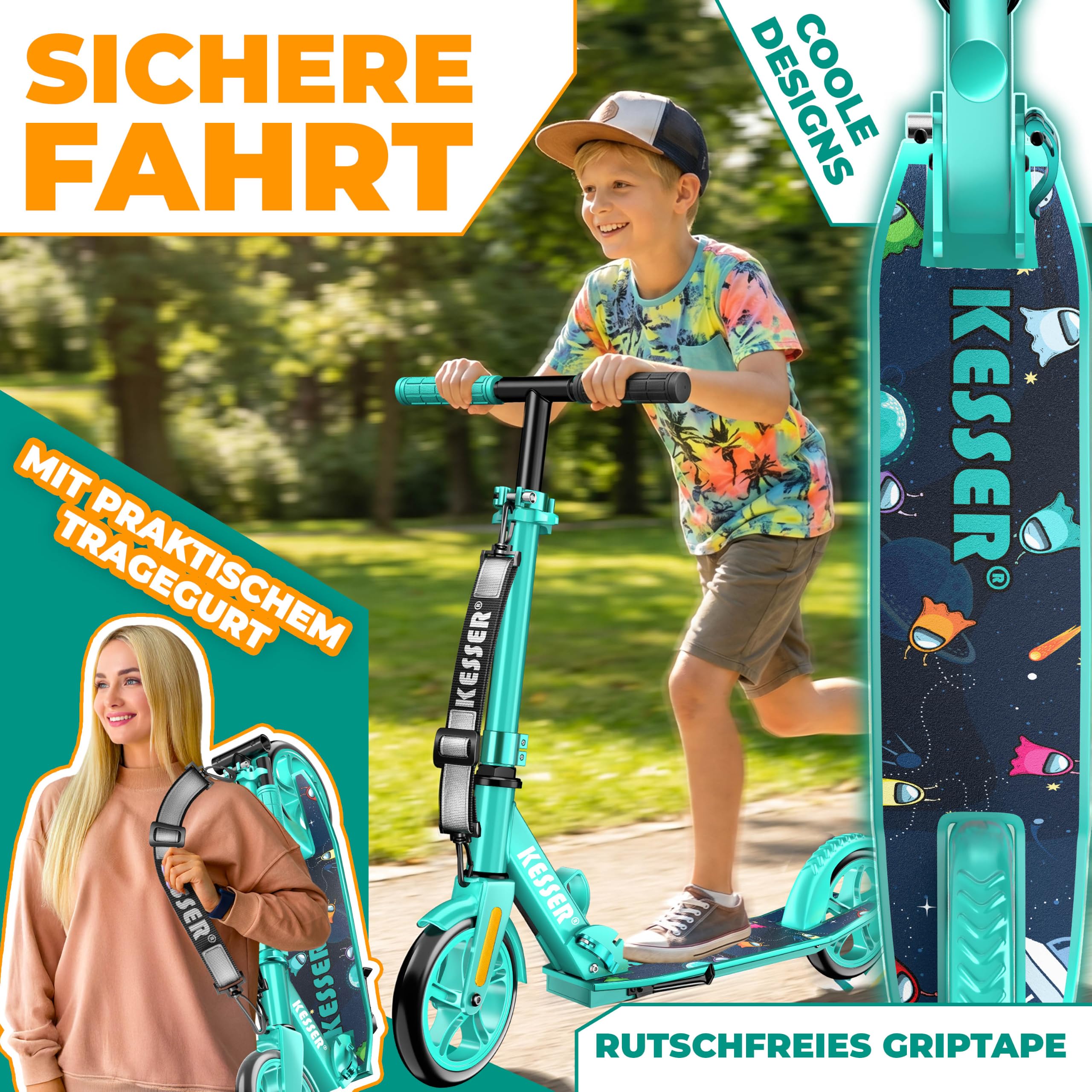 KESSER® Scooter Roller Kinderroller Cityroller Tretroller Kickroller klappbar höhenverstellbar, Kickscooter bis 100kg, Hinterradbremse, rutschfeste Trittfläche, bis 185cm Körpergröße, inkl. Tragegurt