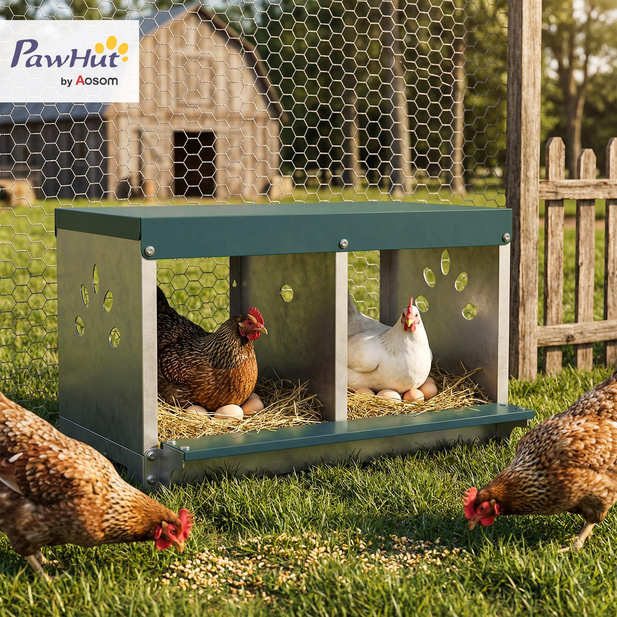PawHut Nido per Galline Ovaiole in Acciaio a 2 Aree con Base Rialzata e Tetto, Nido Galline con Fori di Ventilazione, Facile da Pulire, 54.5x42.5x35.5 cm, Argento