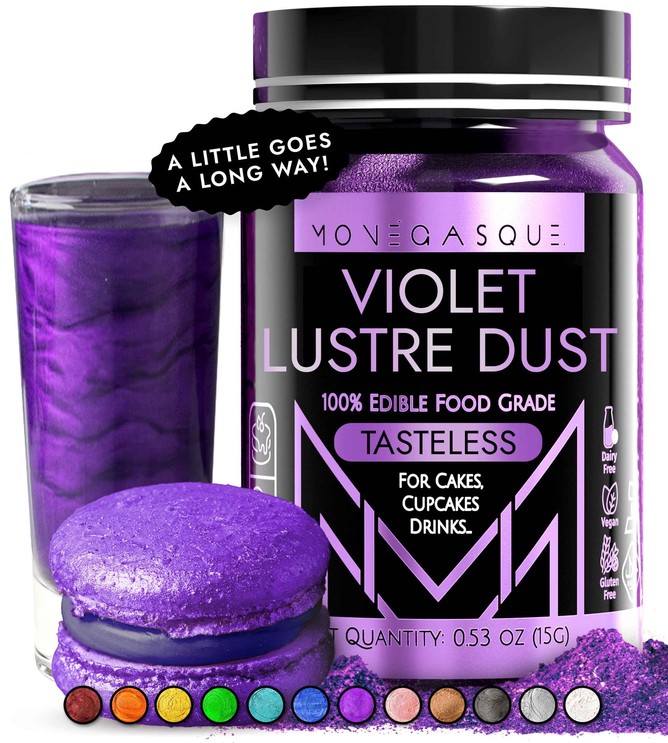MONÉGASQUE Purple Edible Glitter for Drinks 15g – Violet Edible Glitter for Cakes - Luster Dust for Drinks & Cocktail - Lustre Dust for Cakes, Drink Shimmer, Cocktails - Valentines Cake Decorations
