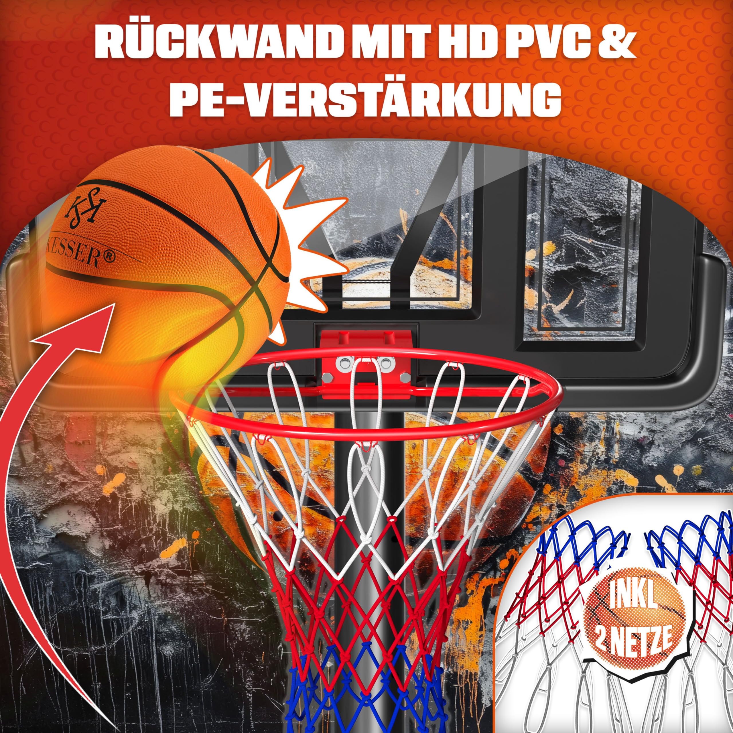 KESSER Basketballkorb Set höhenverstellbar mobiler Basketballständer mit Rollen Backboard Basketball Pumpe 2 Netzen Indoor Outdoor